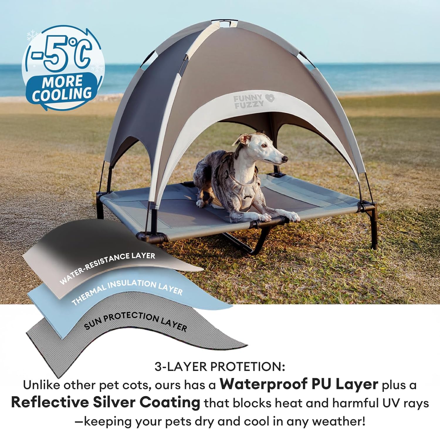 FUNNY FUZZY Elevated Cooling Dog Bed with Canopy(30"x24"x7") – Dog Cot Bed for Small,Medium Dogs with UV Shade, Breathable Mesh for Cooling, Indoor & Outdoor Use for Dogs up to 120 lbs