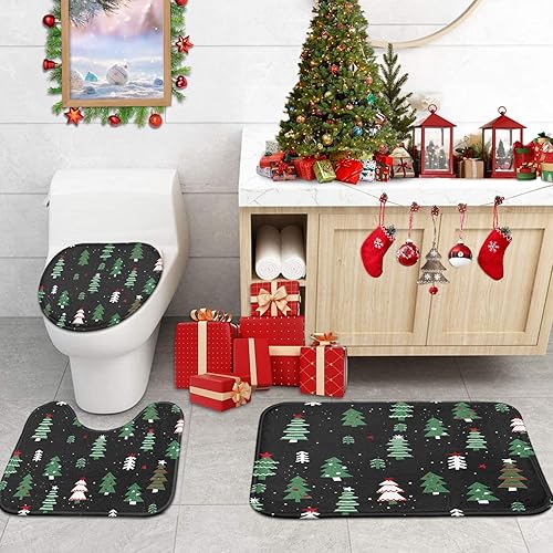 Miniatura 3 de ArtSocket Juego de alfombras y tapetes de baño de Navidad, 3 piezas, tapetes de baño de copos de nieve, color rojo escarcha, antideslizantes, de