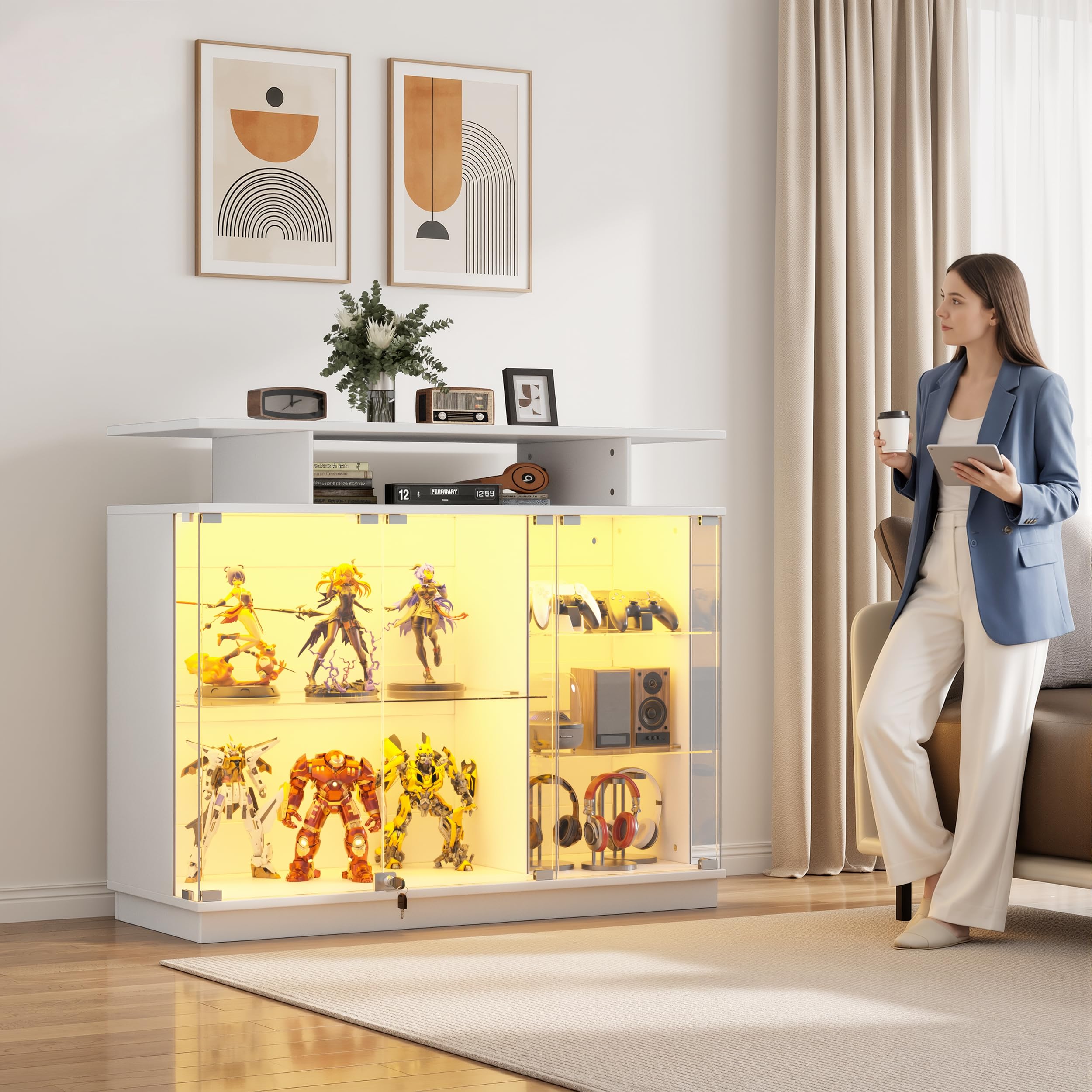 MSFE Vitrina de Cristal con LED, Vitrinas para Salon con Puerta de Cristal con Cerradura 3 Capas de Vitrina Expositora para Colecciones, Curio Vitrina para Sala de Estar, Blanco 120x38.6x100CM