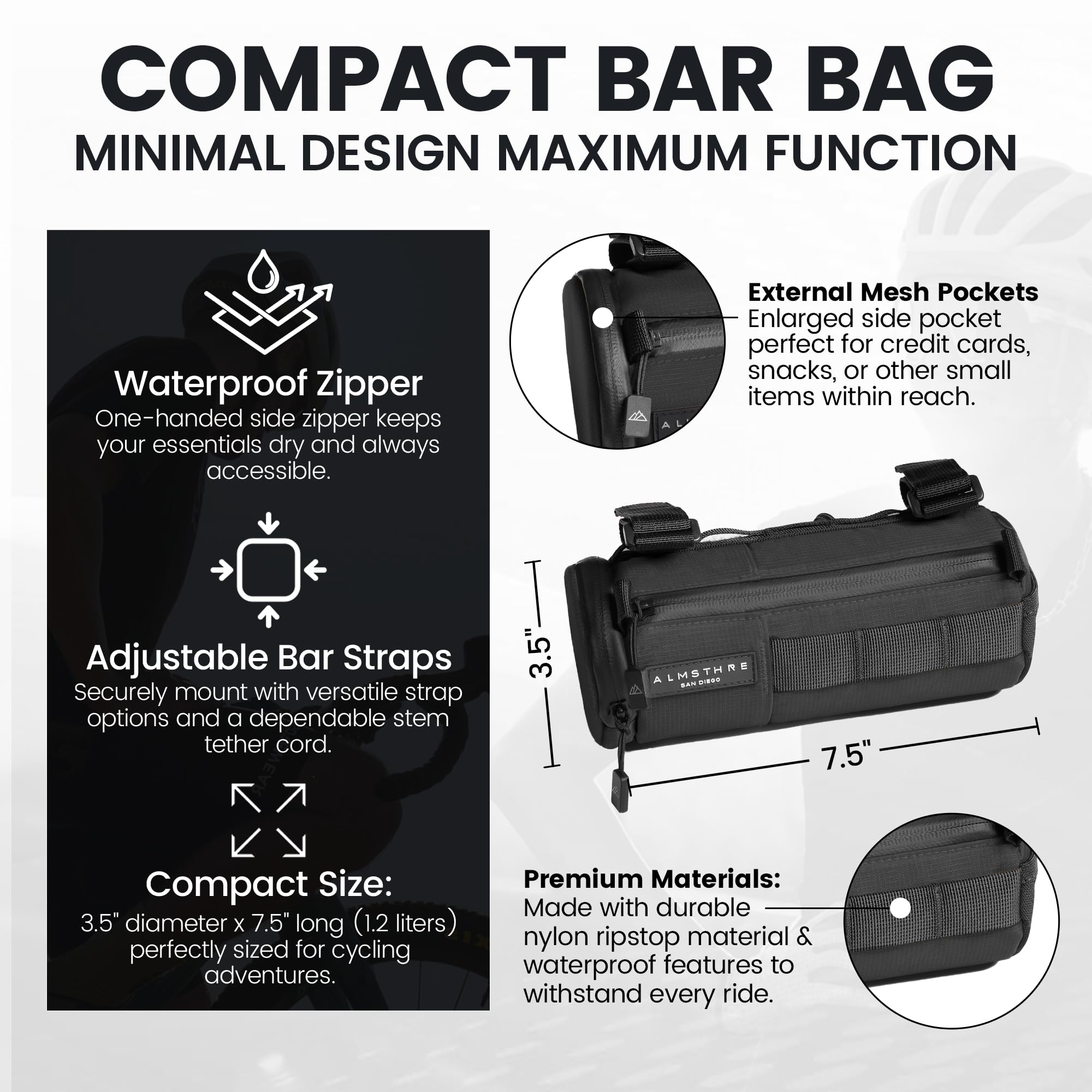 ALMSTHRE Compact Bar Bag – Midnight Black | Hard-Shell Bike Handlebar Bag with Waterproof Zipper & Adjustable Straps | Lightweight Bicycle Handlebar Bag, Compatible with Road, Gravel & MTB Bikes