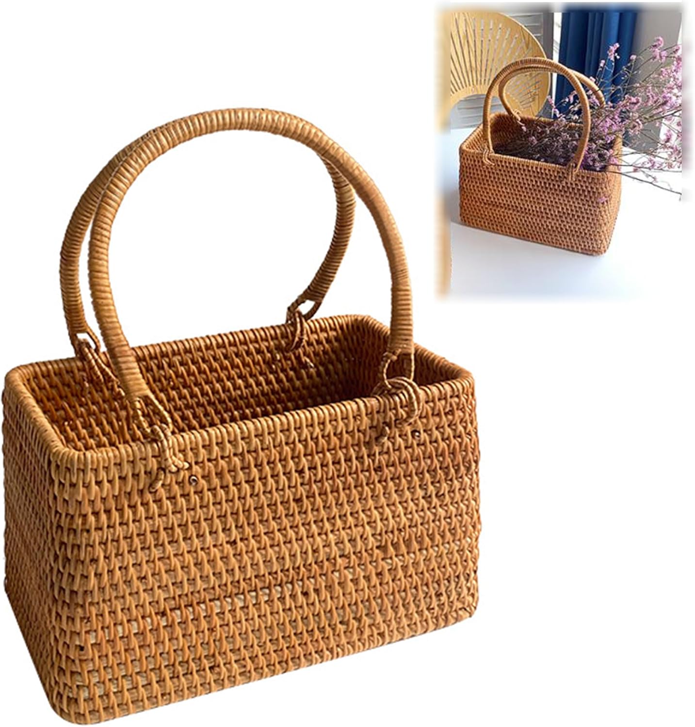 Wicker Picnic Basket with Double Folding Handles: Handmade Woven Picnic Basket, Garden Basket Harvest Basket, Natural Small Wicker Basket with Handle for Storage, Camping, Home Decor (Oval Basket)