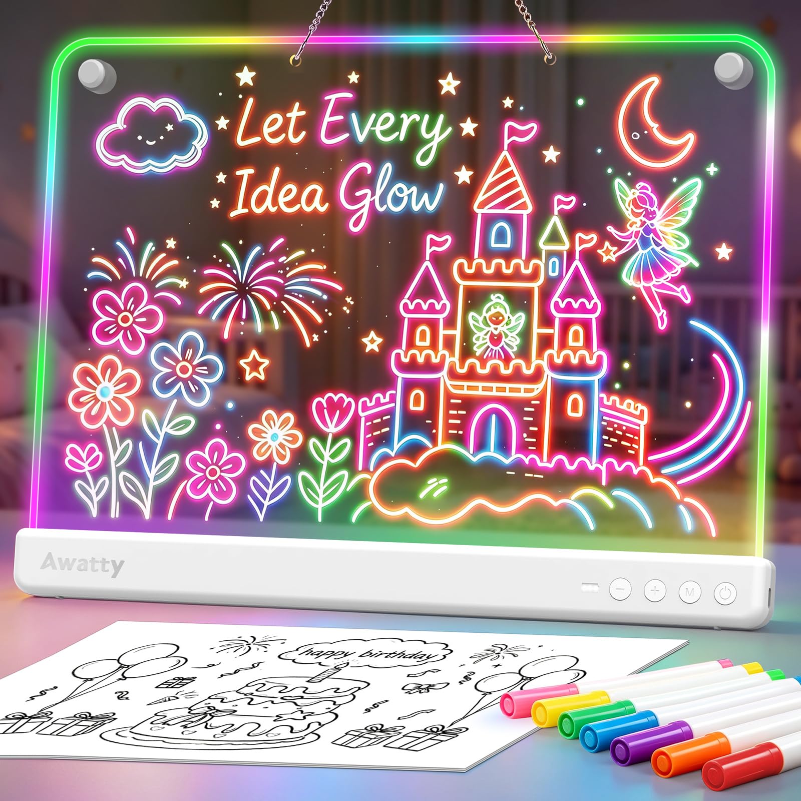 Awatty LED Drawing Board for Kids 16-Inch, Rechargeable Neon Art Light Up Doodle Glow Pad with 7 Colors Writing Note Tablet Sketching Gift Toy for Kids Girls Boys Birthday Halloween Christmas Gift