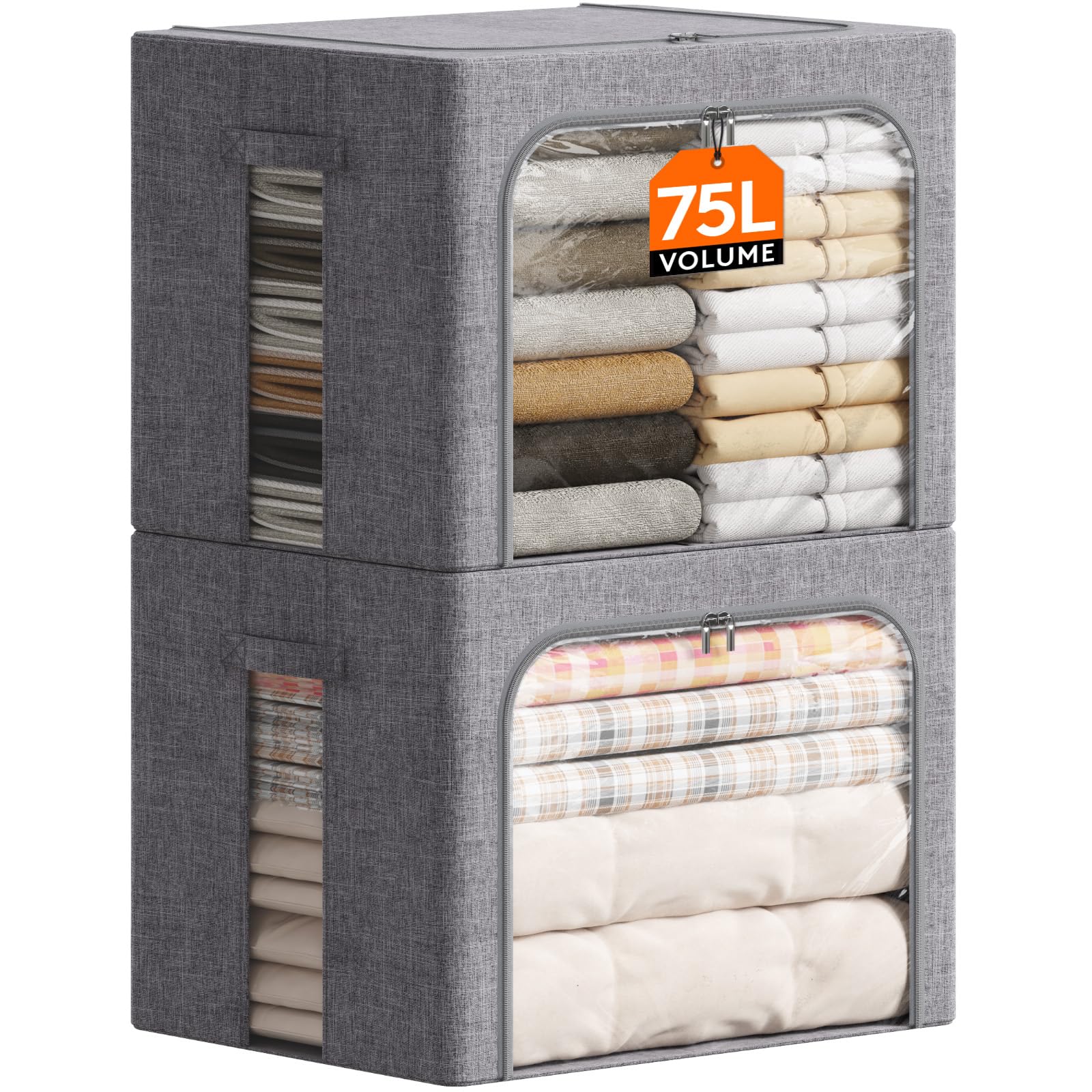 Lifewit Aufbewahrungsbox mit Deckel, Kleidung Aufbewahrung, Faltbare Kleideraufbewahrung mit Metallrahmen, Stoffbox mit Griffen & Fenster, Aufbewahrung Kleiderschrank