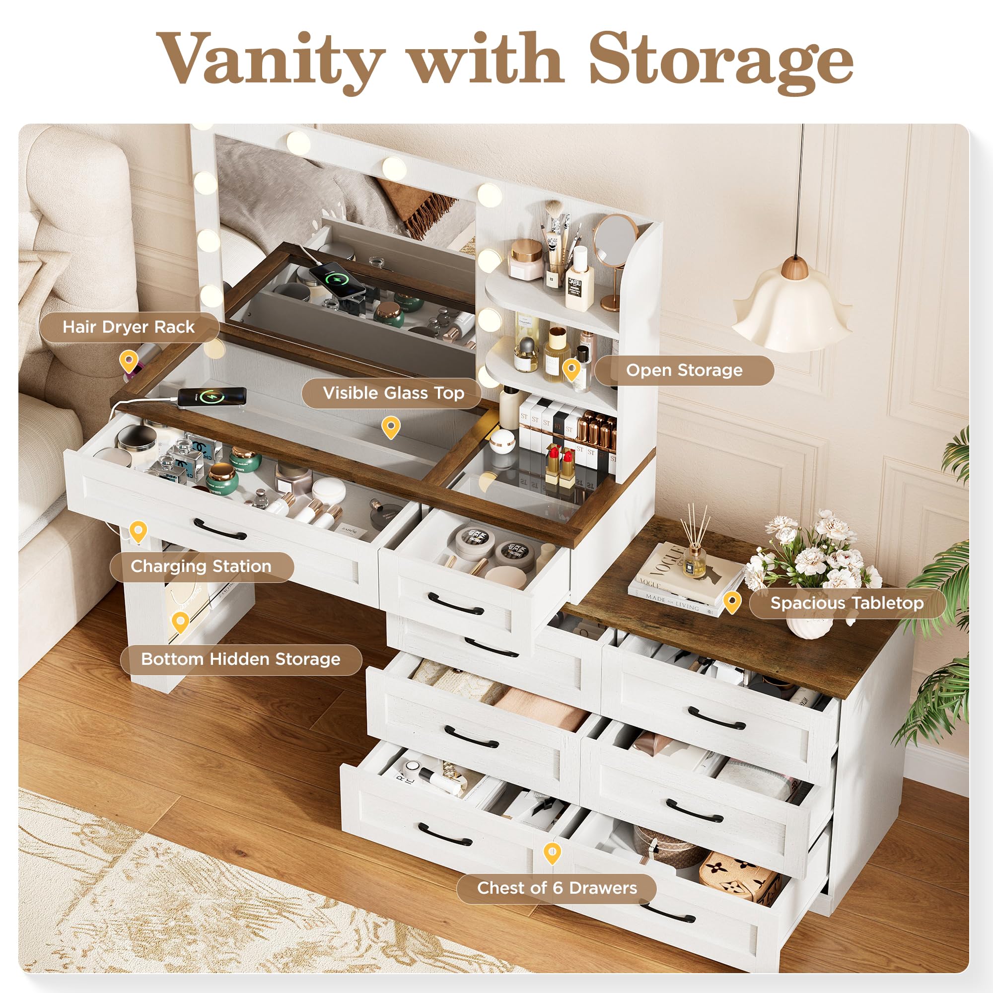 Best Farmhouse Vanity Picks for 2026 2 Vabches Farmhouse Makeup Vanity Desk, Vanity 6-Drawer Dresser Combo, Antique Whi — product photo
