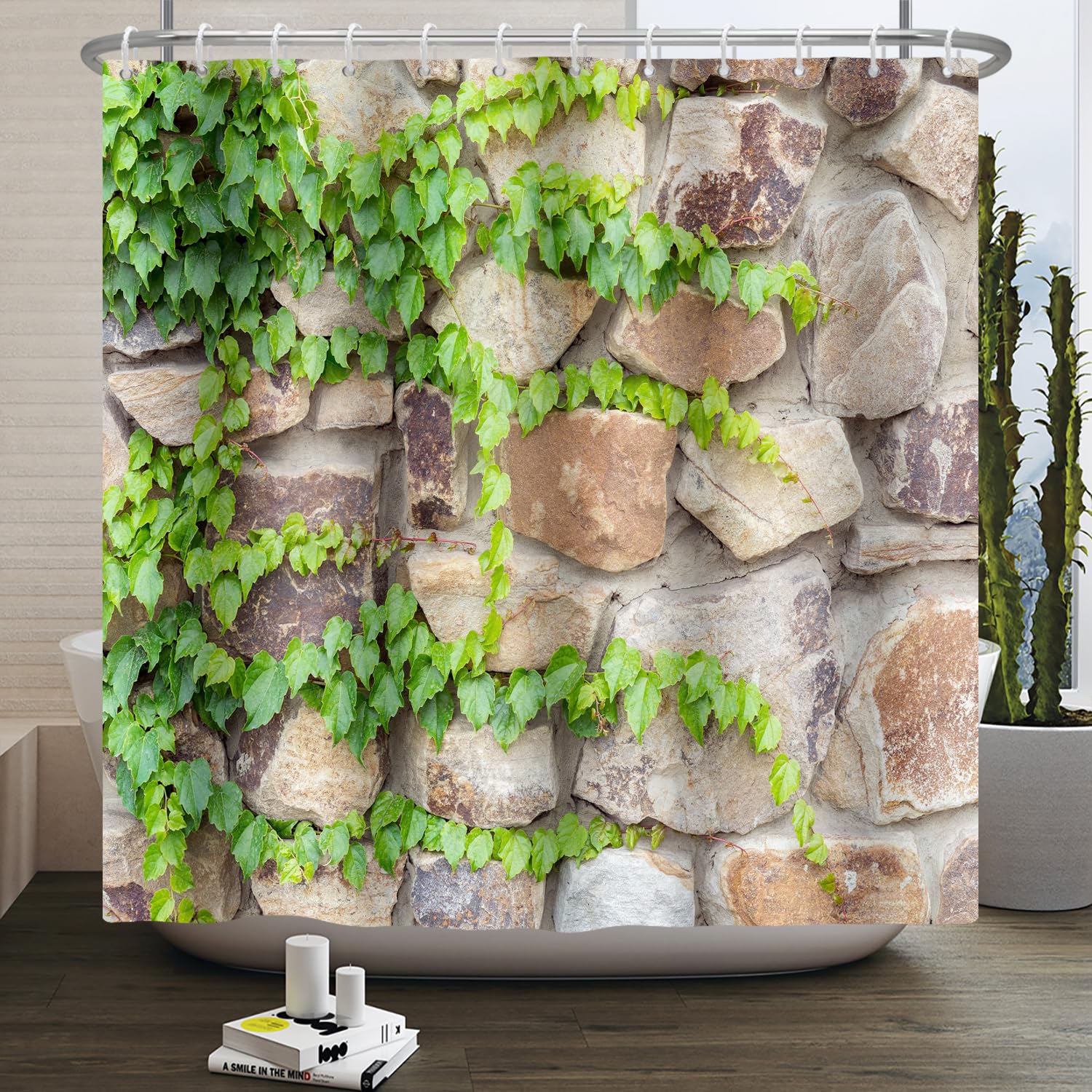SDOTPMT 90x180cm Italian Natural Scenery Shower Curtain Retro Stone Wall Green Plant Leaves Bath Curtain Mediterranean Town Bathtub Curtain for Kids Bathroom Decor Polyester with Hooks