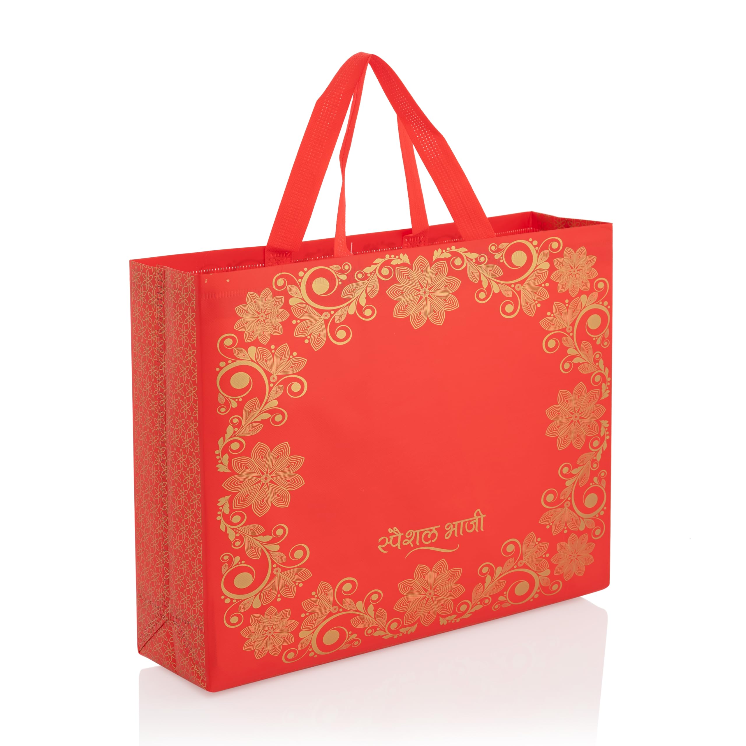 Lavya Medium Size Pack of 50 Pcs Gold Floral Border Printed Non-Woven Laminated Fabric Reusable Wedding Party Return Gift Bags (Special Bhaji Red, M-15x12x4)