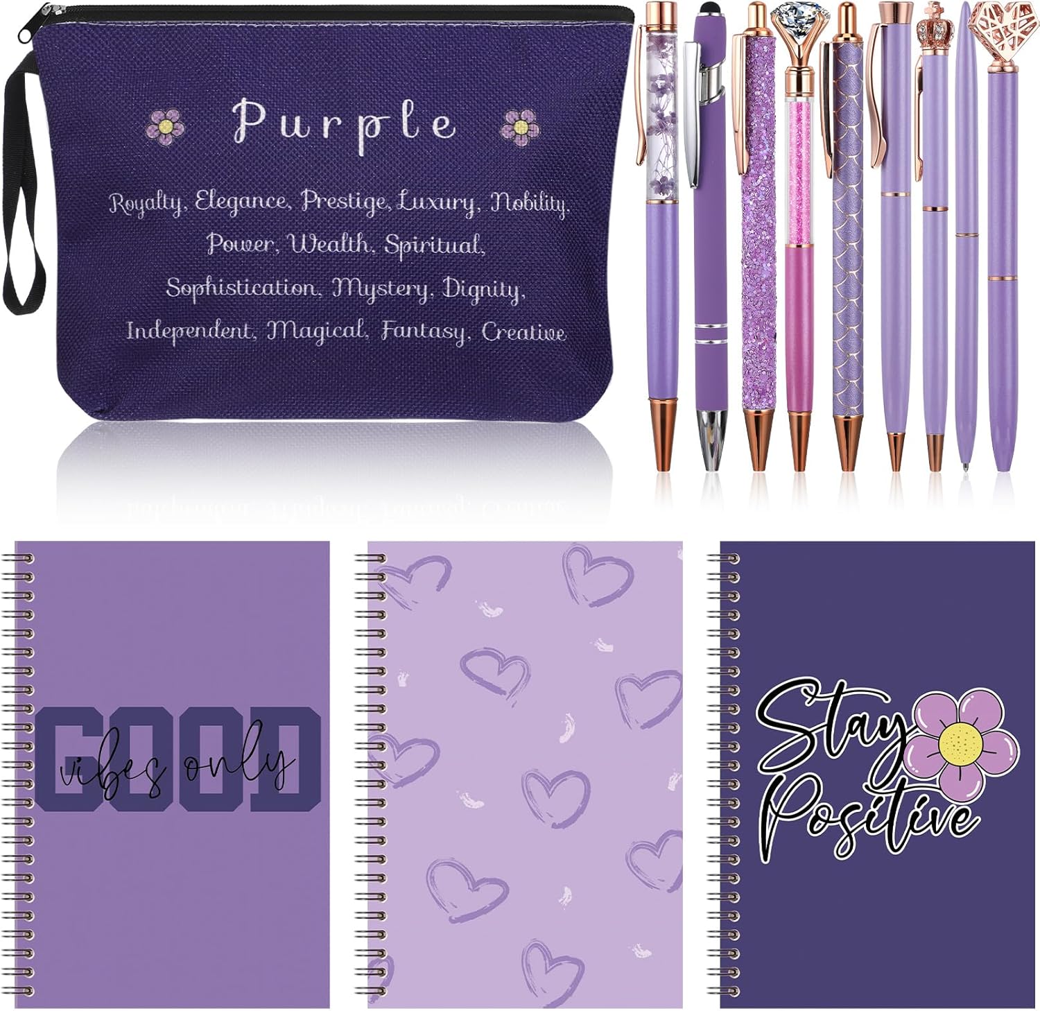 Geyoga 13 Pcs Purple School Supplies 9 Diamond Pens Black Ink Ballpoint Pens 3 Aesthetic Spiral Notebooks with Pen Case Christmas Fancy Gifts for Teacher Student Women Office Desk Accessories