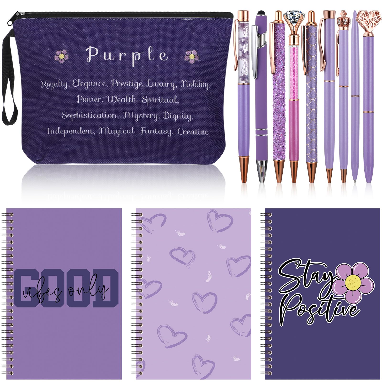 Geyoga 13 Pcs Purple School Supplies 9 Diamond Pens Black Ink Ballpoint Pens 3 Aesthetic Spiral Notebooks with Pen Case Christmas Fancy Gifts for