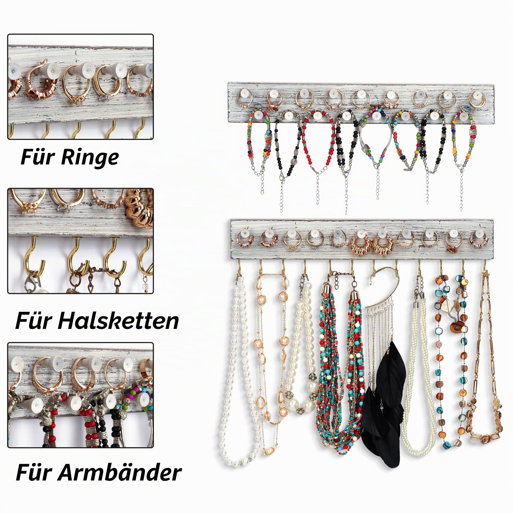 Wand-Schmuck-Organizer, rustikaler Holz-Hänge-Organizer, 3er-Set, große Aufbewahrung für Halsketten, Armbänder, Ohrringe, Weiß | Rustikaler Schmuck-Organizer und Aufbewahrung, Wand-Schmuckaufhänger für Zuhause, Schmuckaufbewahrung
