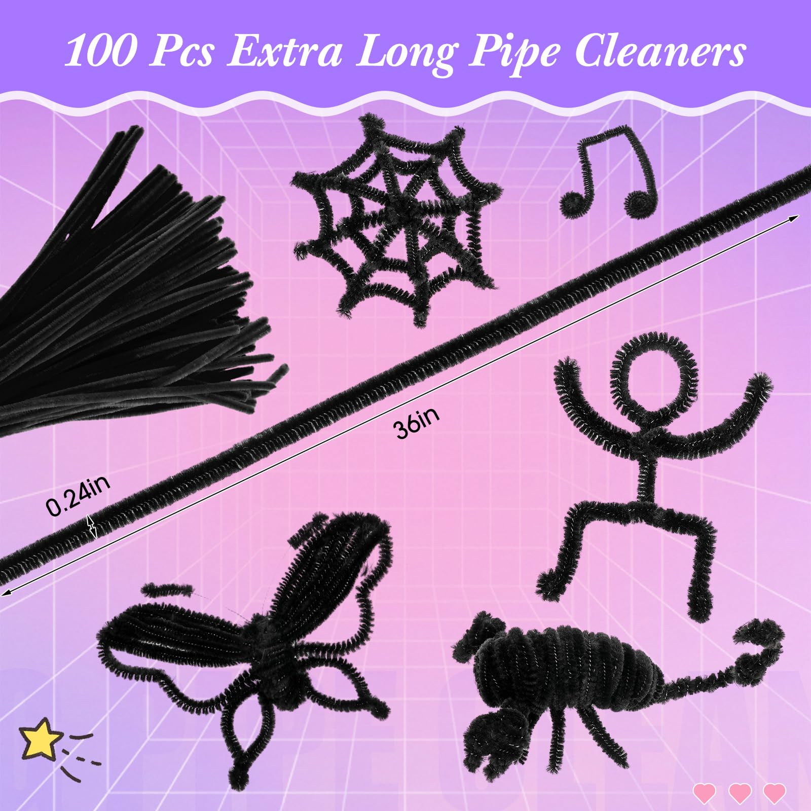 RoundFunny Pfeifenreiniger, extra lang, schwarz, 6 mm x 91,4 cm, Chenille-Stiel, Bastelzubehör für Anfänger, Haare, DIY, Kunst, Projekt, Dekorationen, 100 Stück