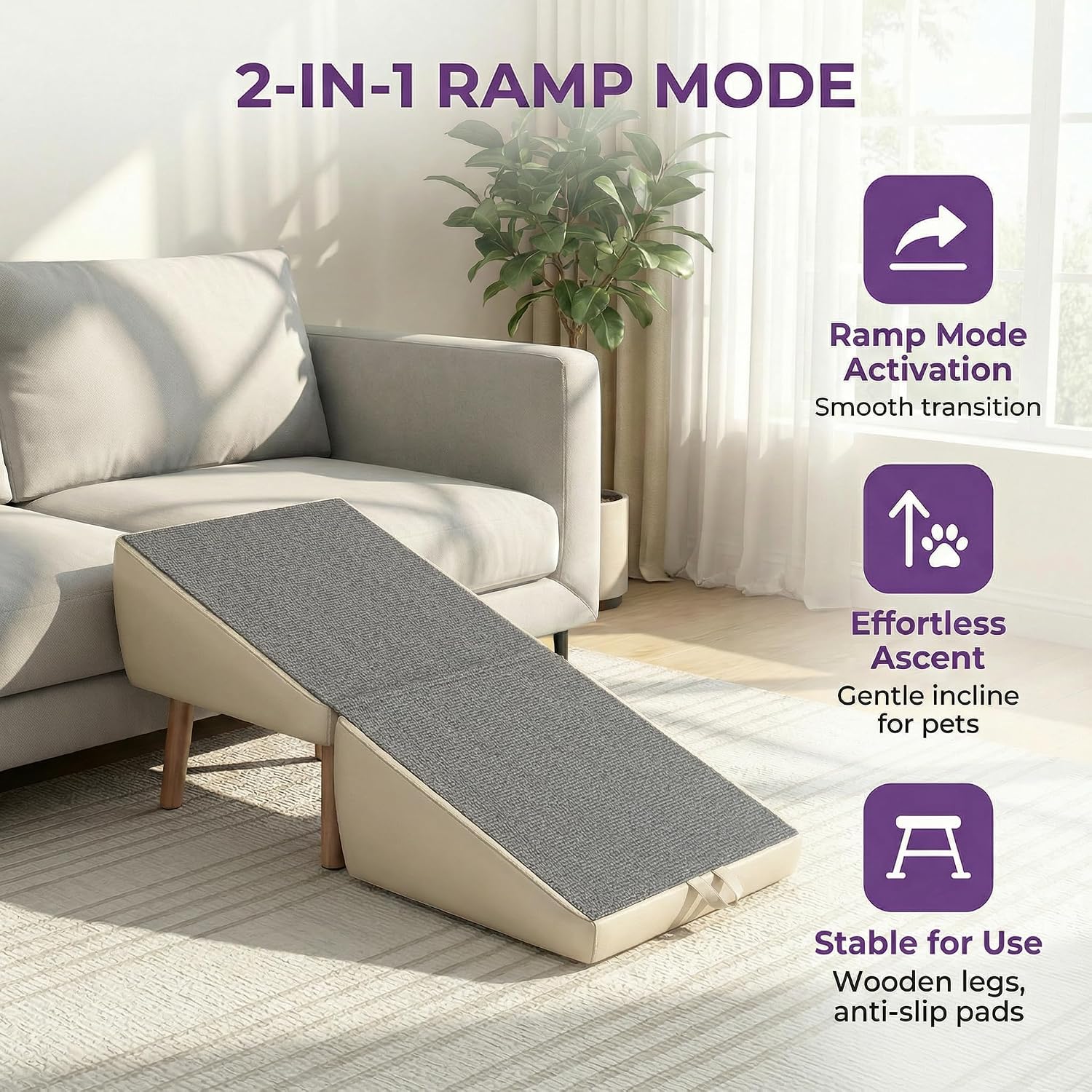 2-in-1 Dog Stairs with Split Ottoman Design & Non-Slip Surface, Dogs Ramp with Easy to Assemble for Small Dogs Cats Puppy, Light Gray