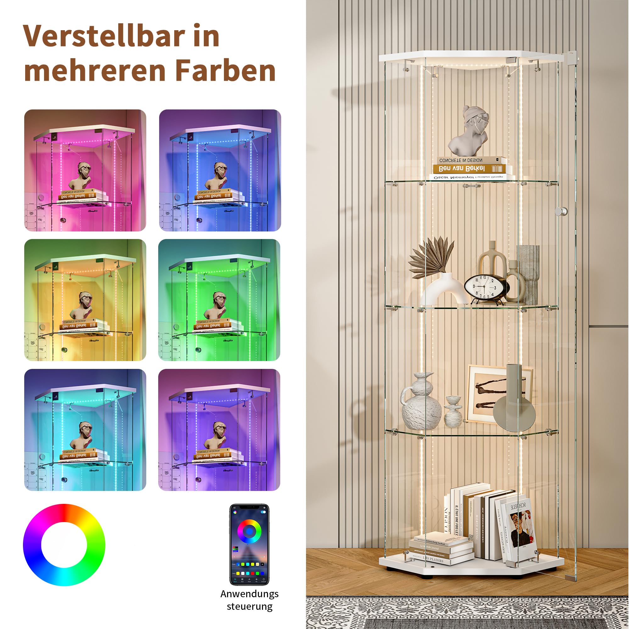 Vetrina ad Angolo Soggiorno con Vetro, Vetrinetta in Vetro 4 Ripiani 1 Porte, Vetrine inVetro con Serratura Vetrina Colonna Espositiva Colonna Vetrinetta Casco con LED per Collezionismo