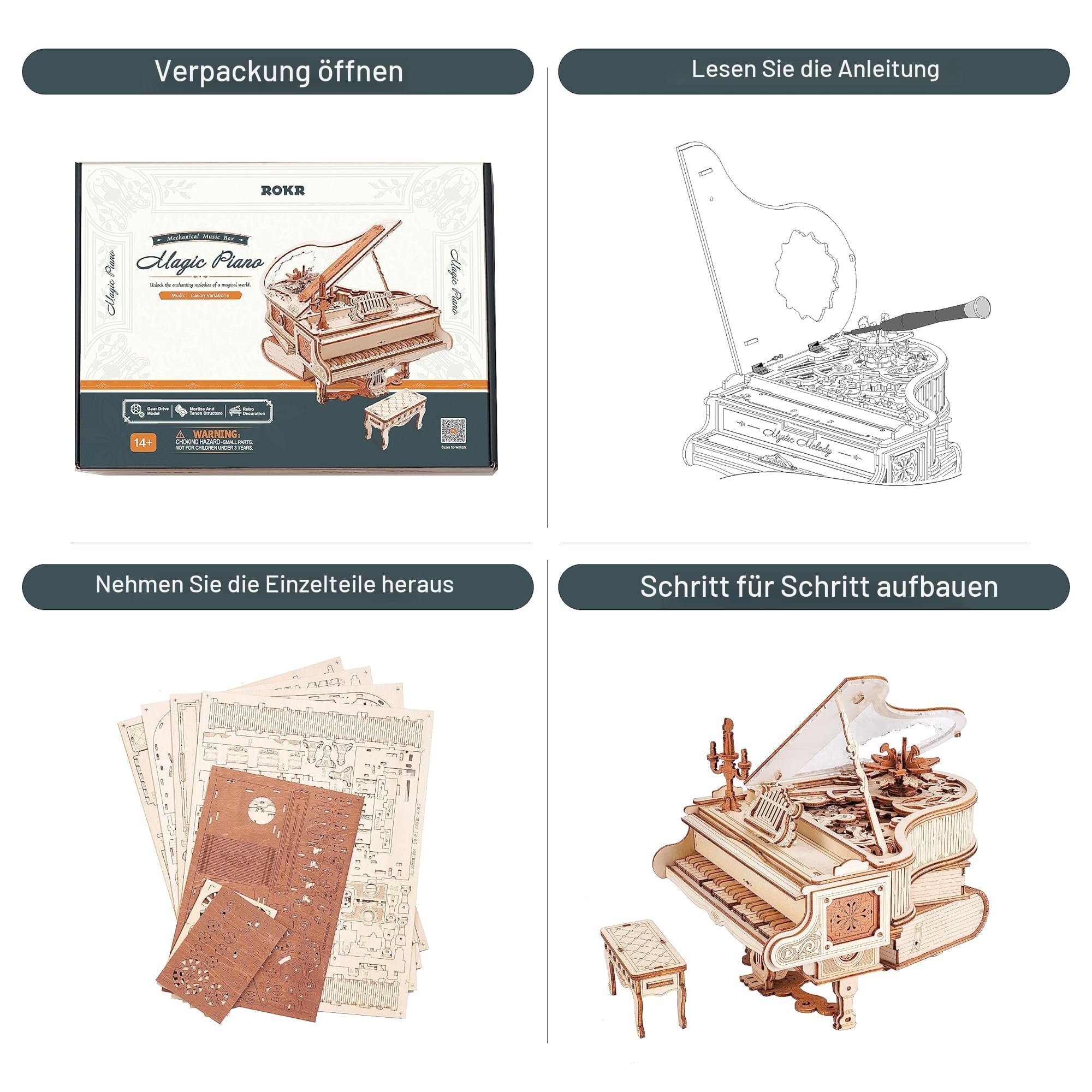 ROKR 3D Puzzle Holz Holzpuzzle Erwachsene Holzmodelle Bausätze Mechanisches Modell Bausets Spieluhr Magisches Klavier Stil Weihnachten Geburtstag Geschenke 223pcs, Magic Piano