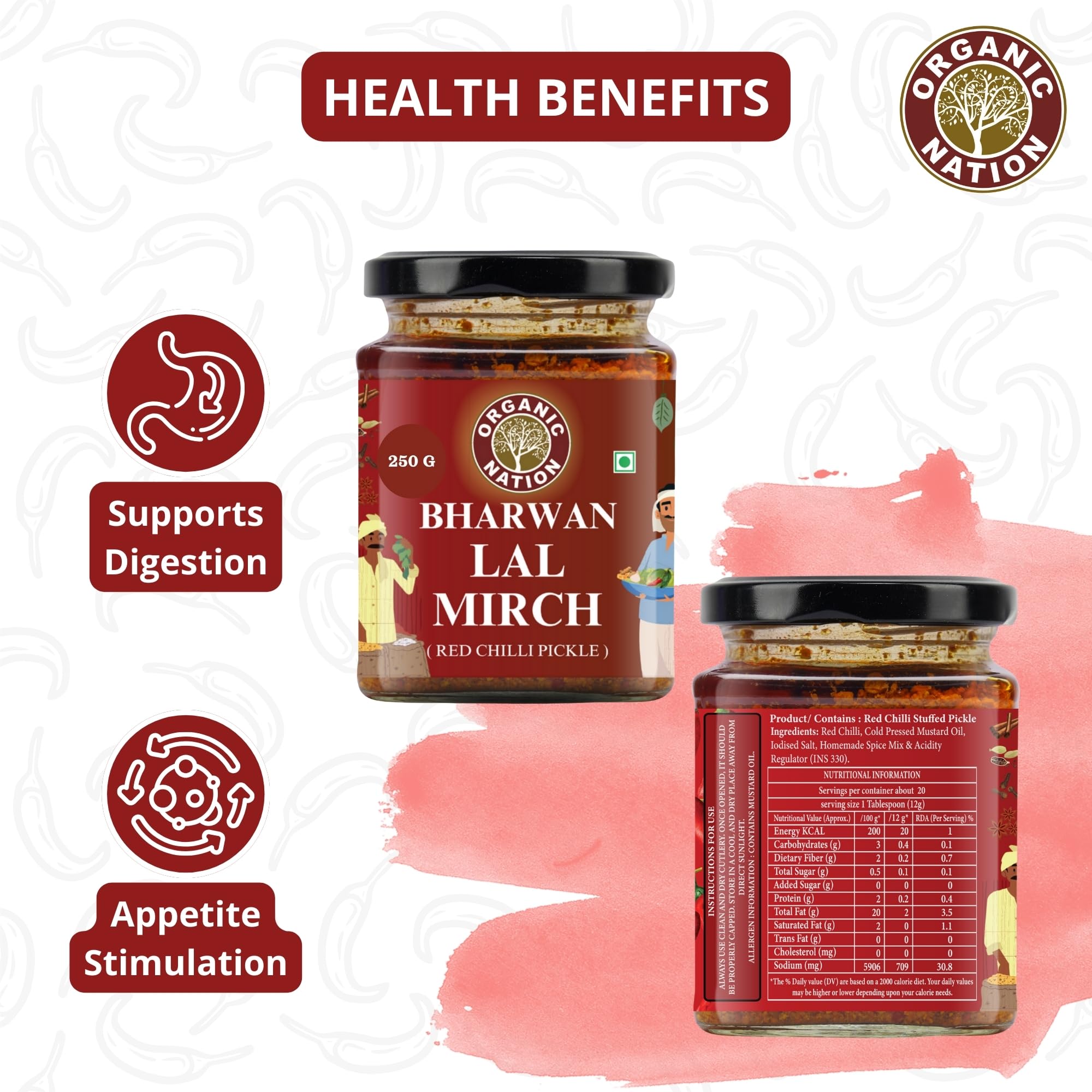 ORGANIC NATION Deliciously Tangy Stuffed Red Chilli Pickle | Authentic Bharwa Mirchi Ka Achar | Traditional Lal Mirch Ka Achar | Spicy Mirchi | No Preservatives | 250g Jar | Vibrant Red Color 4