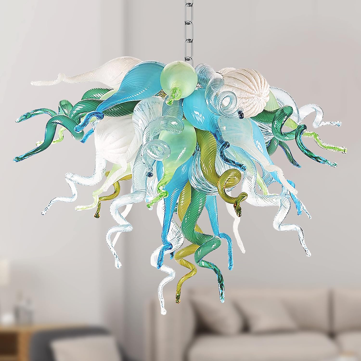 Glass Art Deco Chandelier, 28" Hand Blown DIY Lamp Decoration, Hanging Pendant Light for Bedroom, Dining Room, Living Room, Staircase, Hotel (Customizable Size & Color)