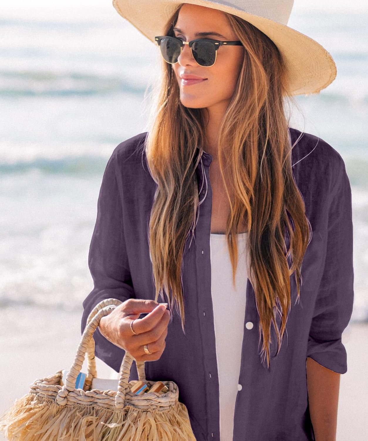 Zoye Chen Women’s Bikini Swimsuit Cover Up Button Down V Neck Shirts Long Sleeve Blouse Beachwear Bathing Suit - Image 3