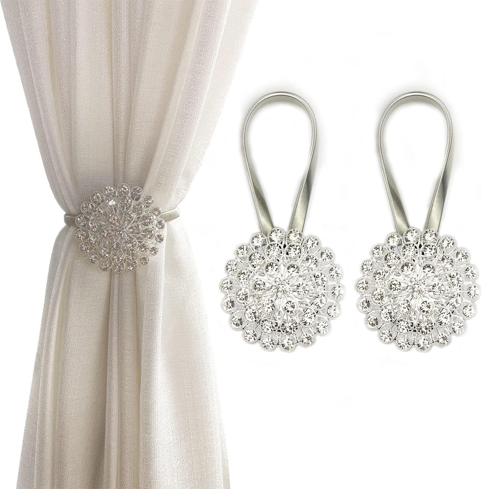 Magnetic Tiebacks for Curtains, 2 Pack Sparkling Crystal Flower Curtain Tiebacks Curtain Buckle Clips with High-Elastic Spring Wire for Home Office Decoration (White)