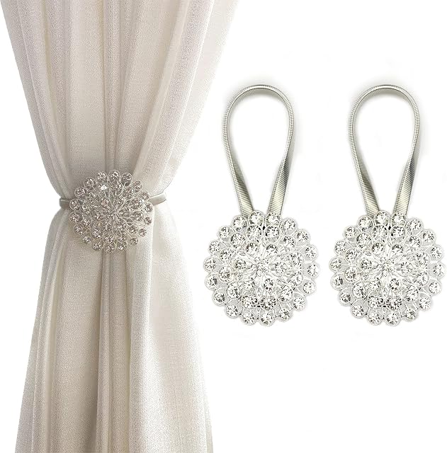 Magnetic Tiebacks for Curtains, 2 Pack Sparkling Crystal Flower Curtain Tiebacks Curtain Buckle Clips with High-Elastic Spring Wire for Home Office Decoration (White)