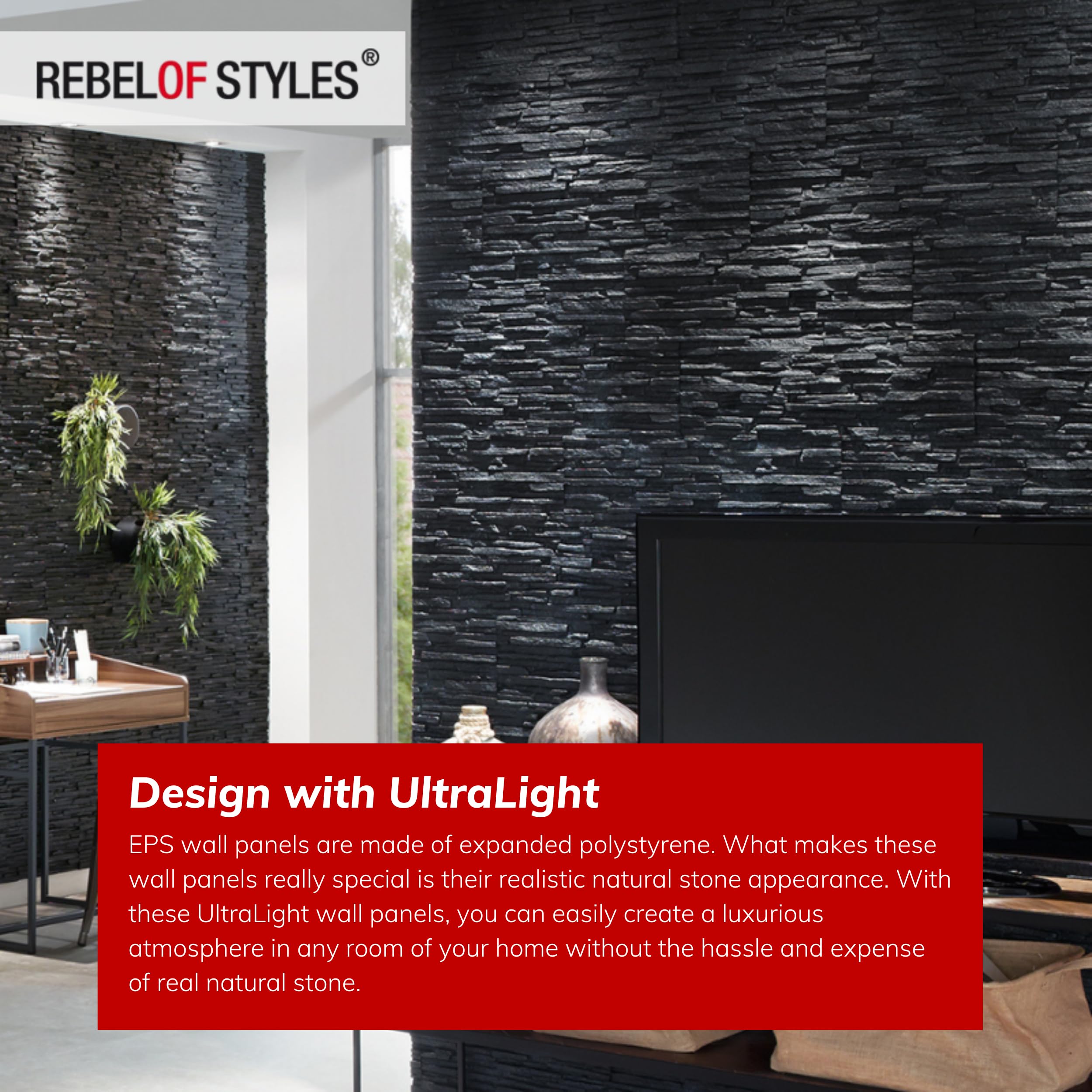 Rebel of Styles - UltraLight Tasso Black - 0,63 m² / 6 pièces - Panneaux muraux/revêtements/plaques en EPS aspect pierre naturelle - Décoration murale en mousse avec isolation