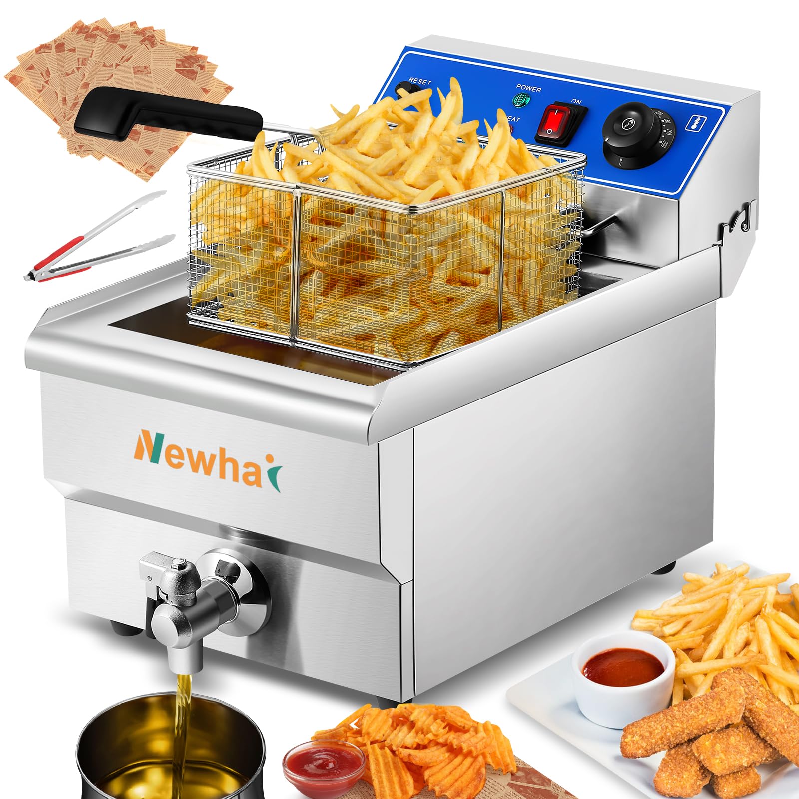 Newhai Electric Deep Fryer 13.7QT Commercial Countertop Frying Machine with Basket Stainless Steel for Restaurant Home 1500W 110V