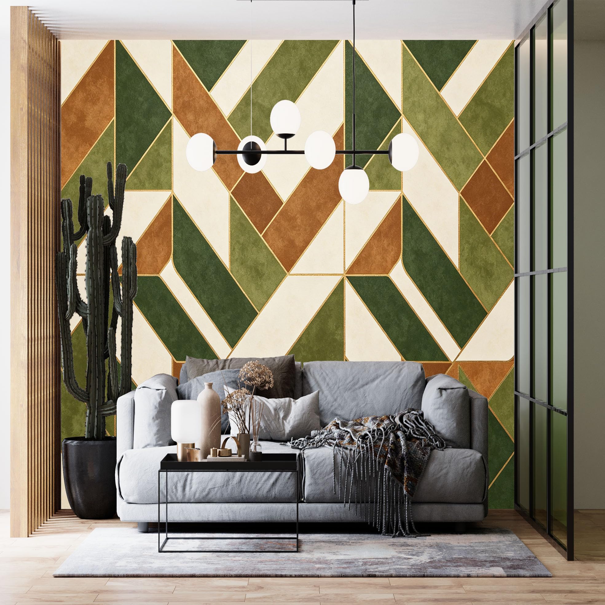 Genérico Papel Pintado Geométrico Verde Nórdico Sencillo, Autoadhesivo, De Gran Gramaje, Estilo Bohemio, Para Dormitorio, Sala De Estar Y Decoración Del Hogar. 260 Cm (Alto) X 420 Cm (Ancho).