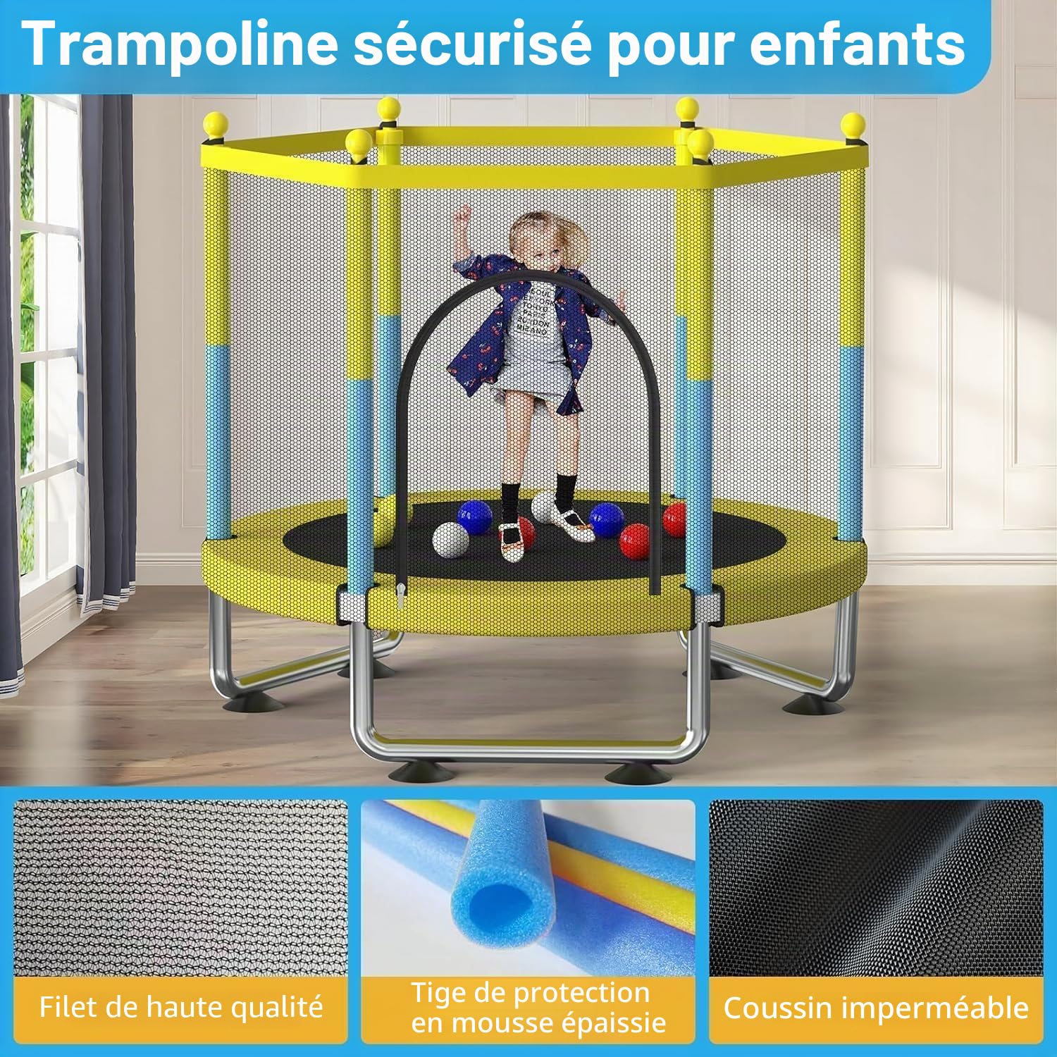 Trampoline de 150 cm pour enfants, trampoline intérieur/extérieur avec filet de sécurité - 150 kg réglable, pour garçons et filles âgés de 3 à 8 ans