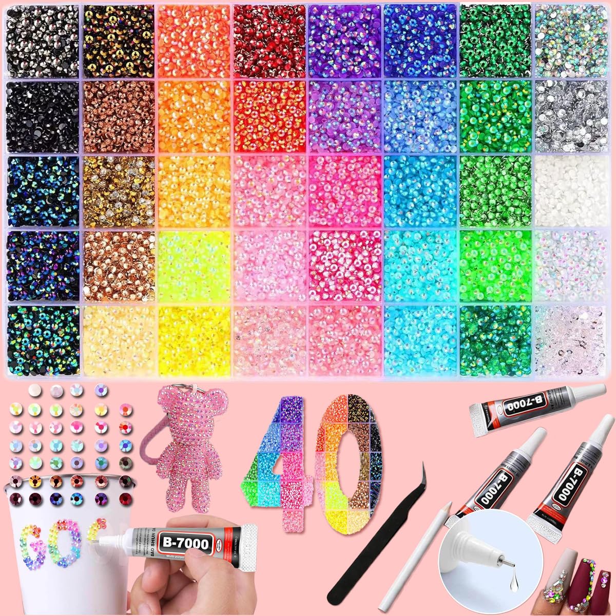 Photo 1 of Bedazzler Kit 40 Colors Resin Jelly Rhinestones for Bedazzling, 3mm 40000 Pcs Flatback Gems for Crafting, Bedazzling Kit with 3Pcs B7000 Glue for Clothing Shoes Nail Book Diamond Art Bedazzled Kits