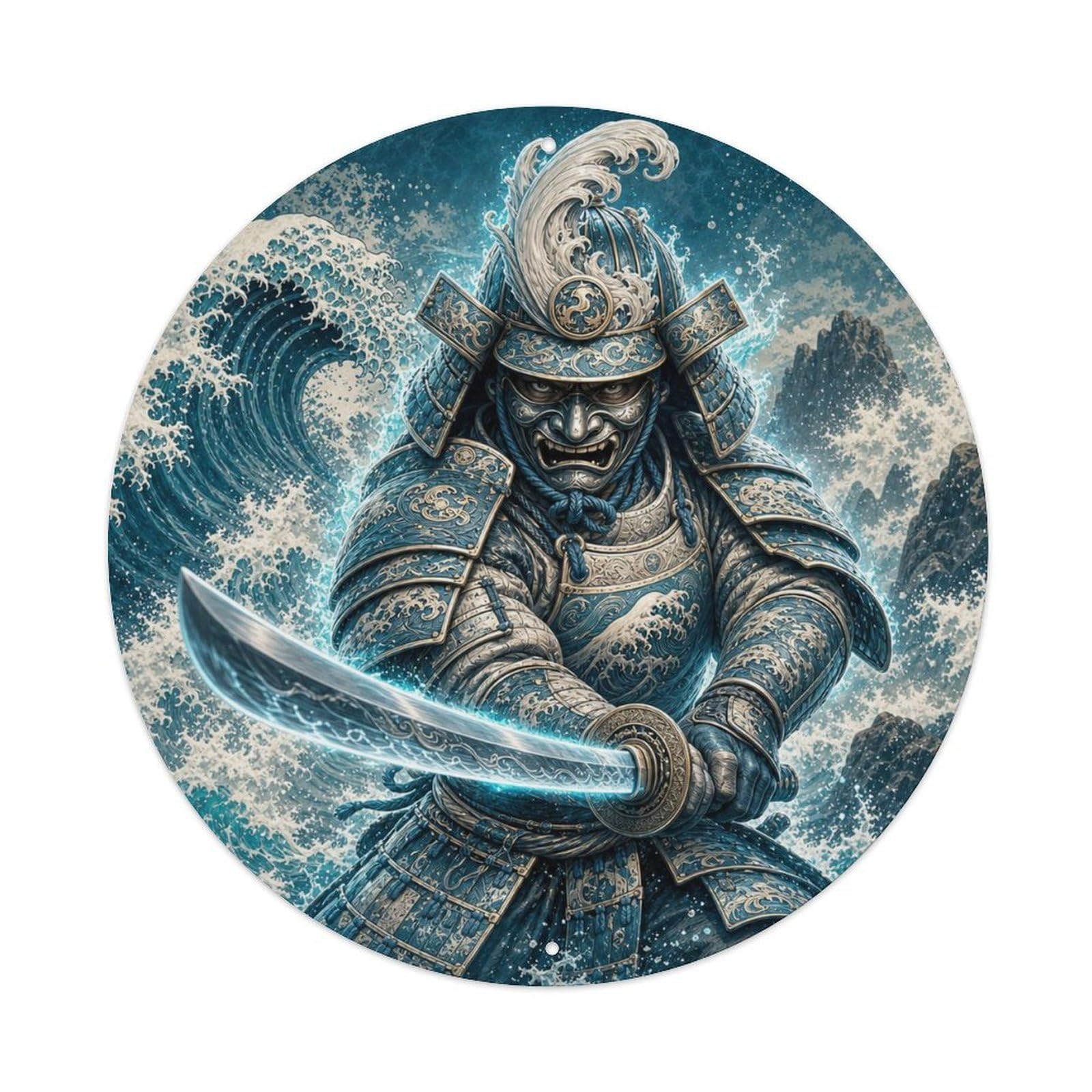 Okngb Style Shrine Aqua Tide Forward Lunge Strike Katana Badge Metal Tin Sign Plaque Wall Decor For Cafe, Man Cave, Club Bar, Office, Home Garden Round Metal Poster 8X8inch