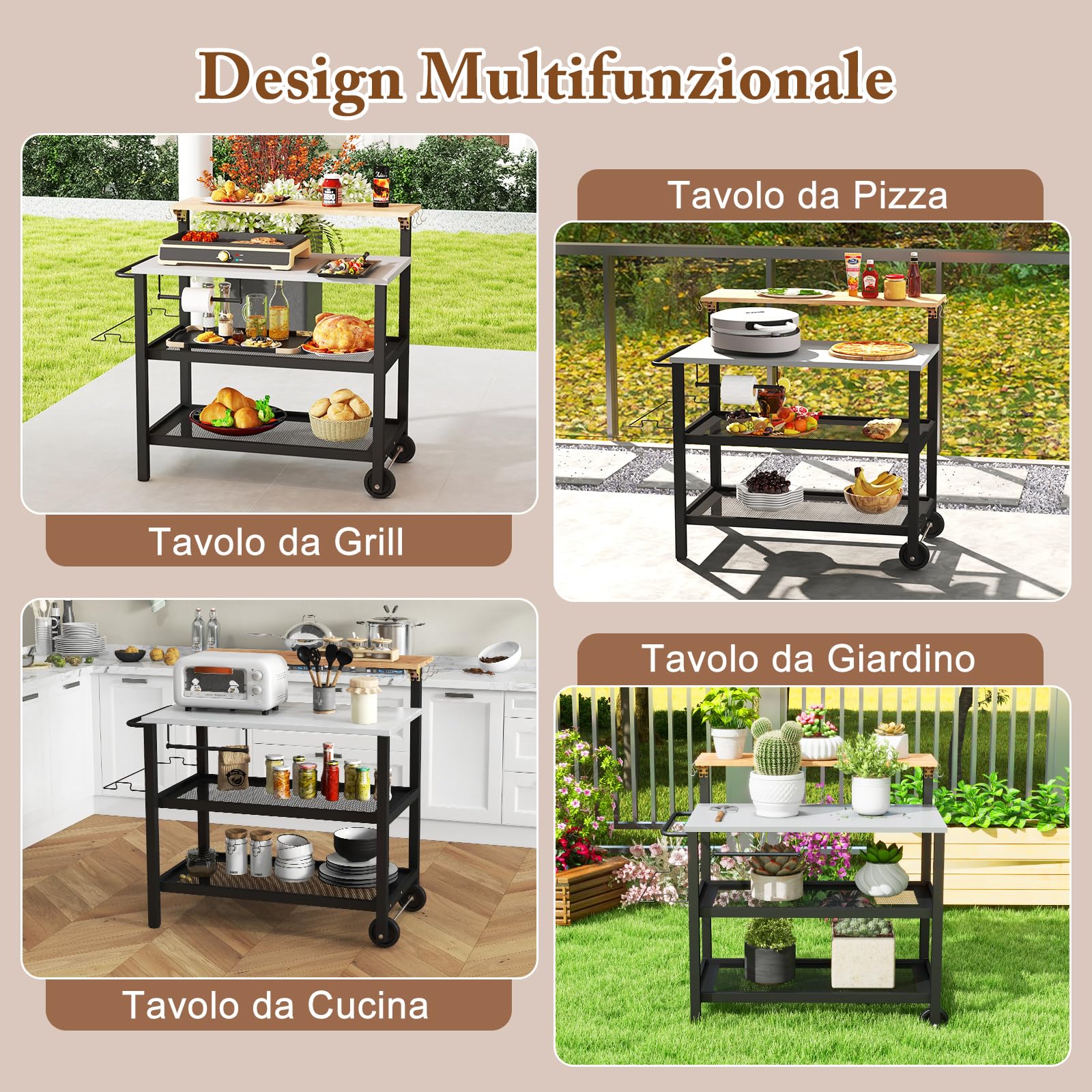 GYMAX Carrello Bar con Piano Ribaltabile, Supporto per Forno a 3 Ripiani con Ruote, Scaffali e Ganci, Carrello per Griglia con Porta Carta Asciugamani/Sacchetti, Carrello da Servizio da Esterno