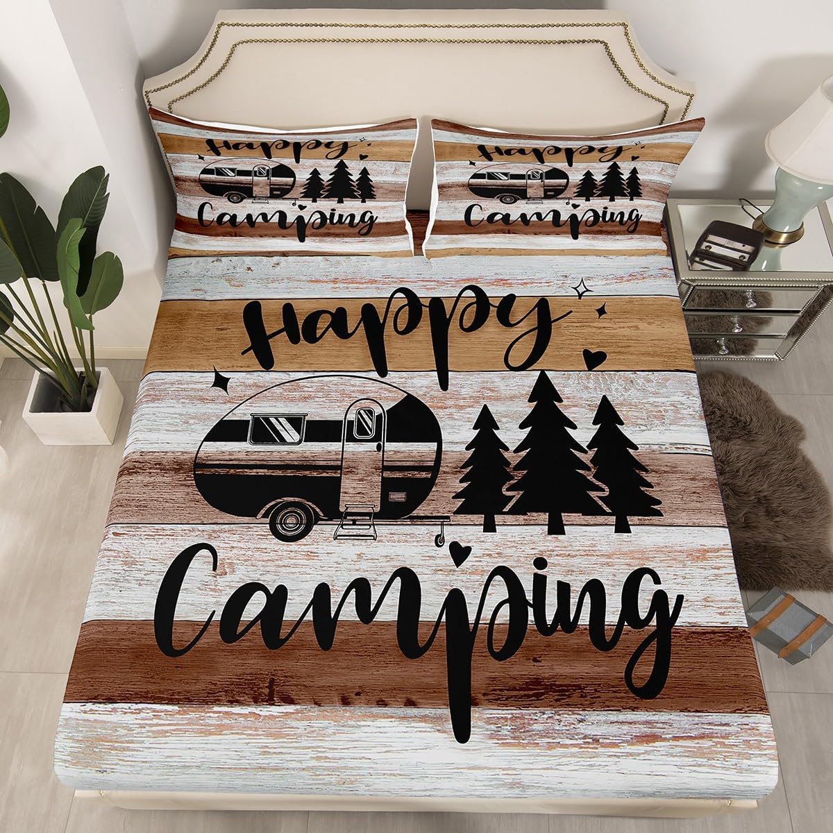 Castle Fairy Camping Lover Gift Bed Sheet Set 4 Piece,Western Farmhouse Style Sheets Full Size Bed Set,Camper Car Pine Tree Brown Bedding Set with Flat,Fitted Sheet,2 Pillow Cases image 4
