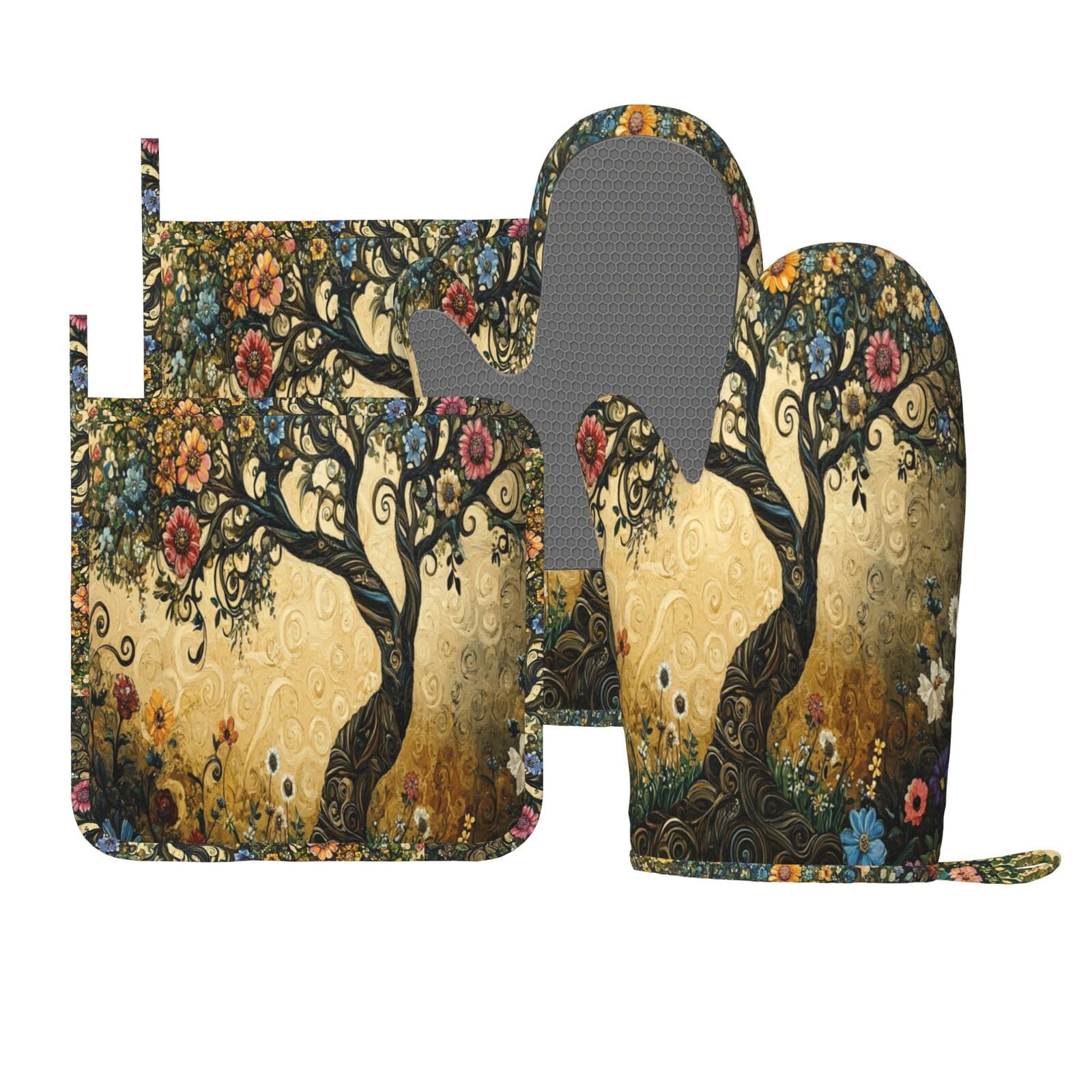 Juego de manoplas de horno para ollas, diseño de árbol de flores, guantes de cocina de silicona, resistentes al calor, para cocinar, asar a la parrilla, paquete de 4 manoplas