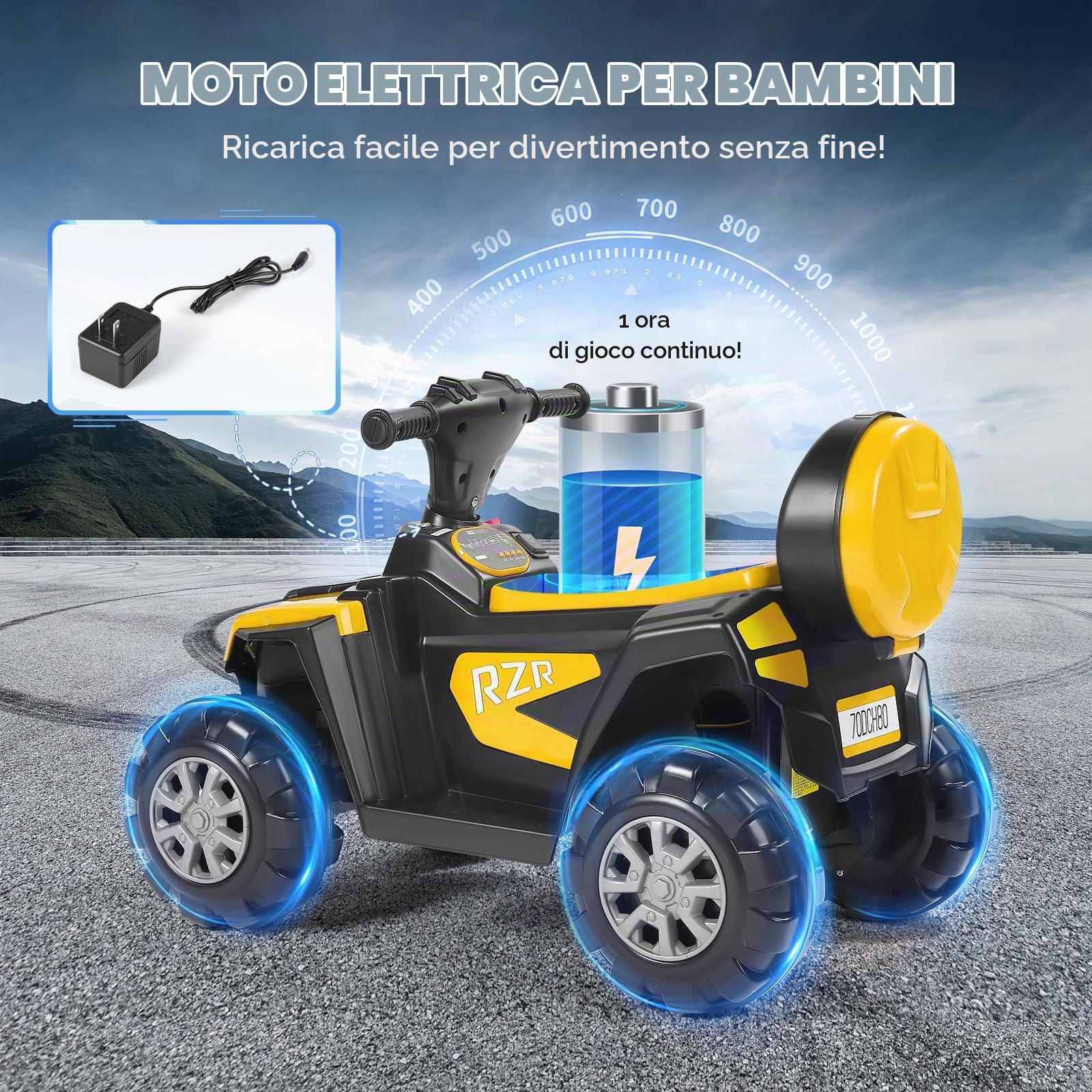 Quad Elettrico per Bambini 6V – Veicolo Cavalcabile Giallo con Musica e Vano Portaoggetti – Grandi Ruote Antiscivolo per la Stabilità – Autonomia 60 Minuti – Carico Massimo 50 kg