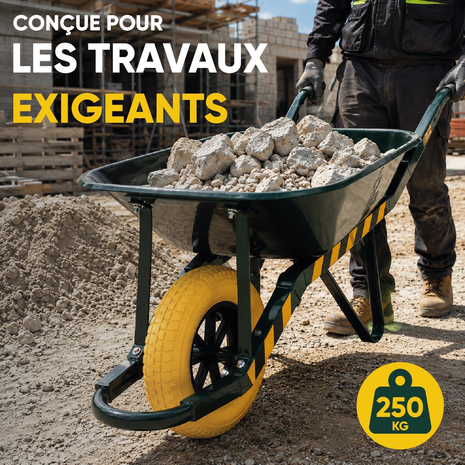 Brouette Chantier Professionnelle 90L - Roue Increvable - Structure Cornière 40x40 Renforcée - Jusqu’à 250 kg - Poignées Ergonomiques - Usage Intensif