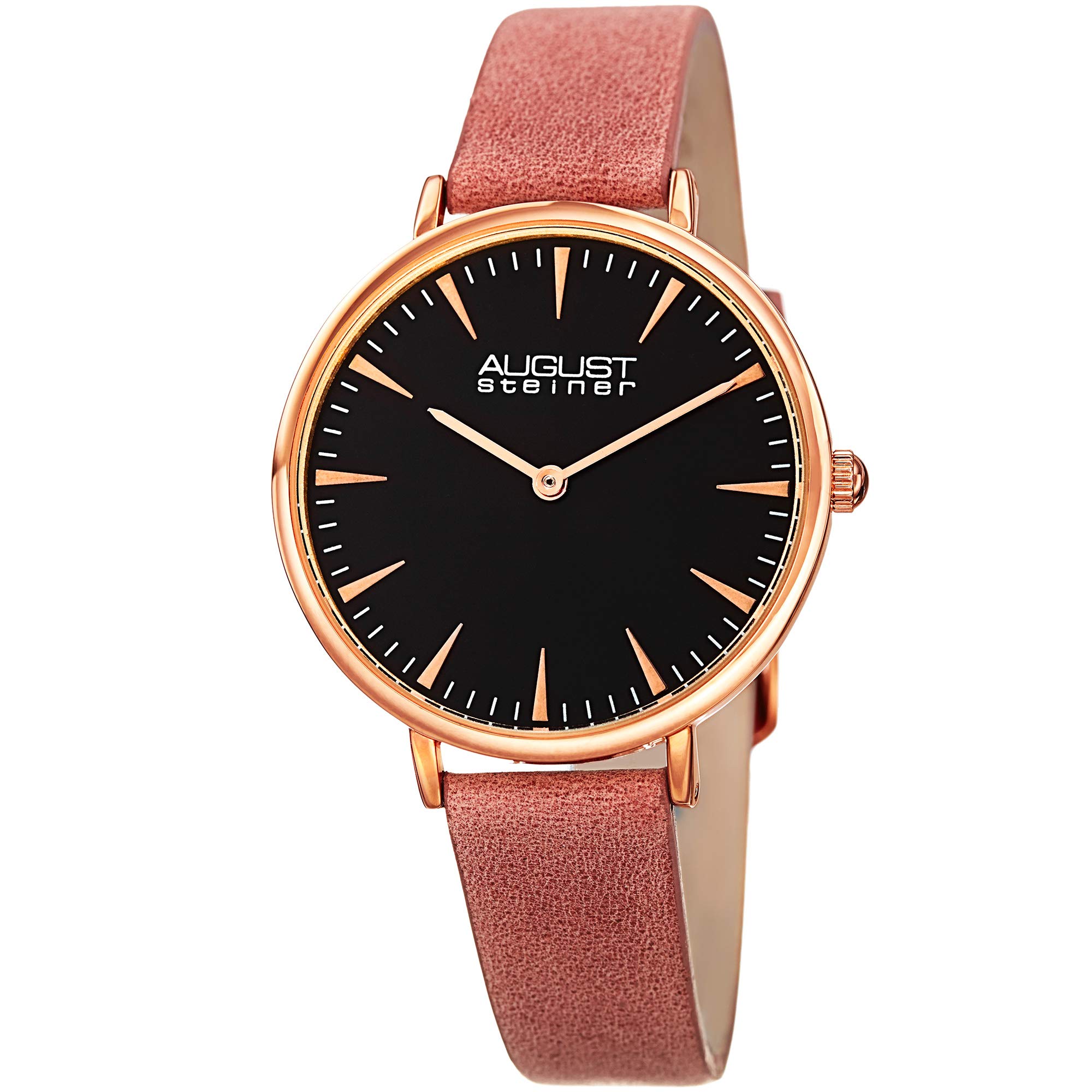 August SteinerWomen's Minimalist Dress Watch - Case on Dial with Distressed Genuine Leather Skinny Strap