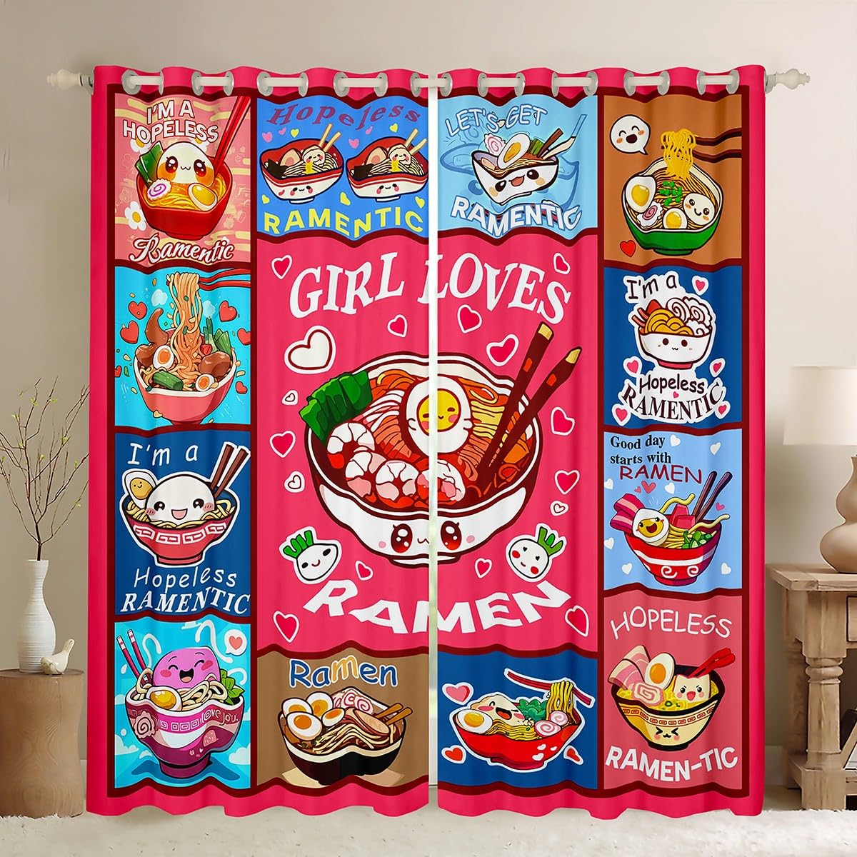 Loussiesd Ramen Vorhänge 245x140cm Kinder Jungen Mädchen Ramen Suppe Gardinen Geschenk für Mädchen liebt Nudeln Blickdichte Vorhänge Mädchen liebt Ramen Fenstervorhang Zimmer Dekor