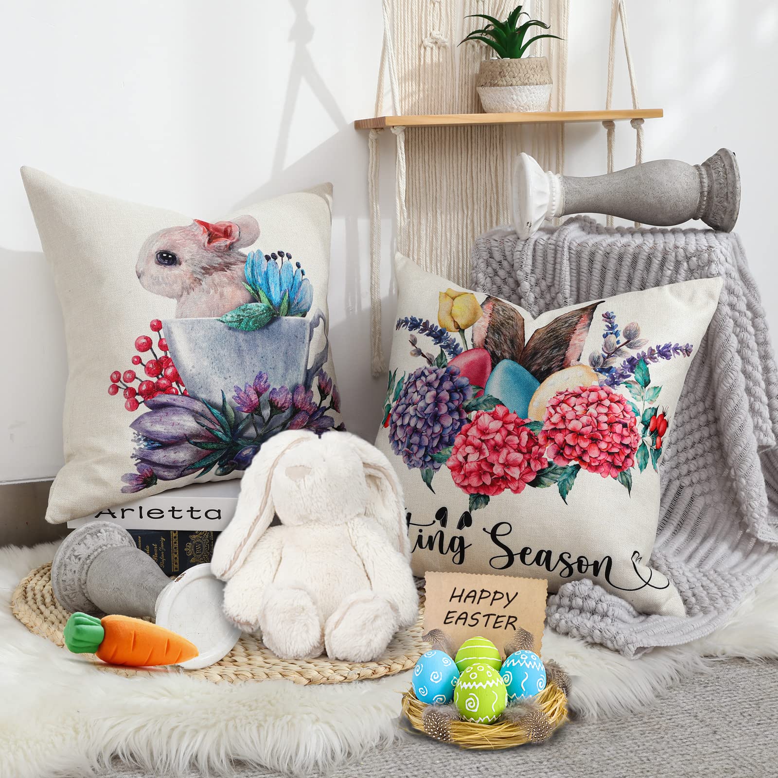 BirdNest Juego De 2 Fundas De Almohada Decorativas De Pascua De 18 X 18 Pulgadas, Funda De Cojín De Conejo De Primavera Con Bordado En 3D, Funda De Cojín Decorativa De
