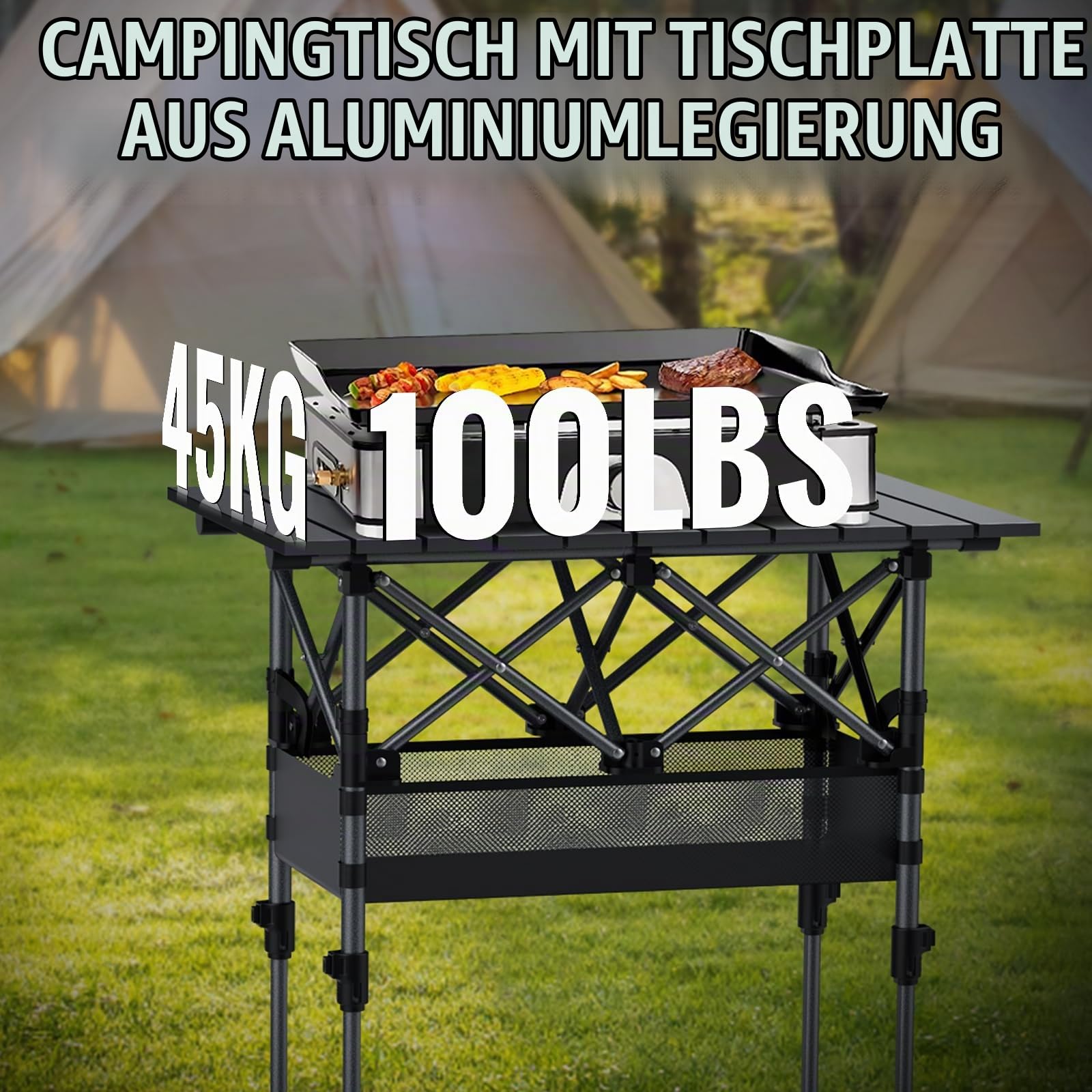GARLLEN Campingtisch klappbar, 64x40cm & 2 Höhenverstellbar(44/70cm), Aufrollbare Tischplatte, abnehmbar Klapptisch aus Stahl, Falttisch Grilltisch Beistelltisch Gartentisch Picknicktisch inkl. Tasche