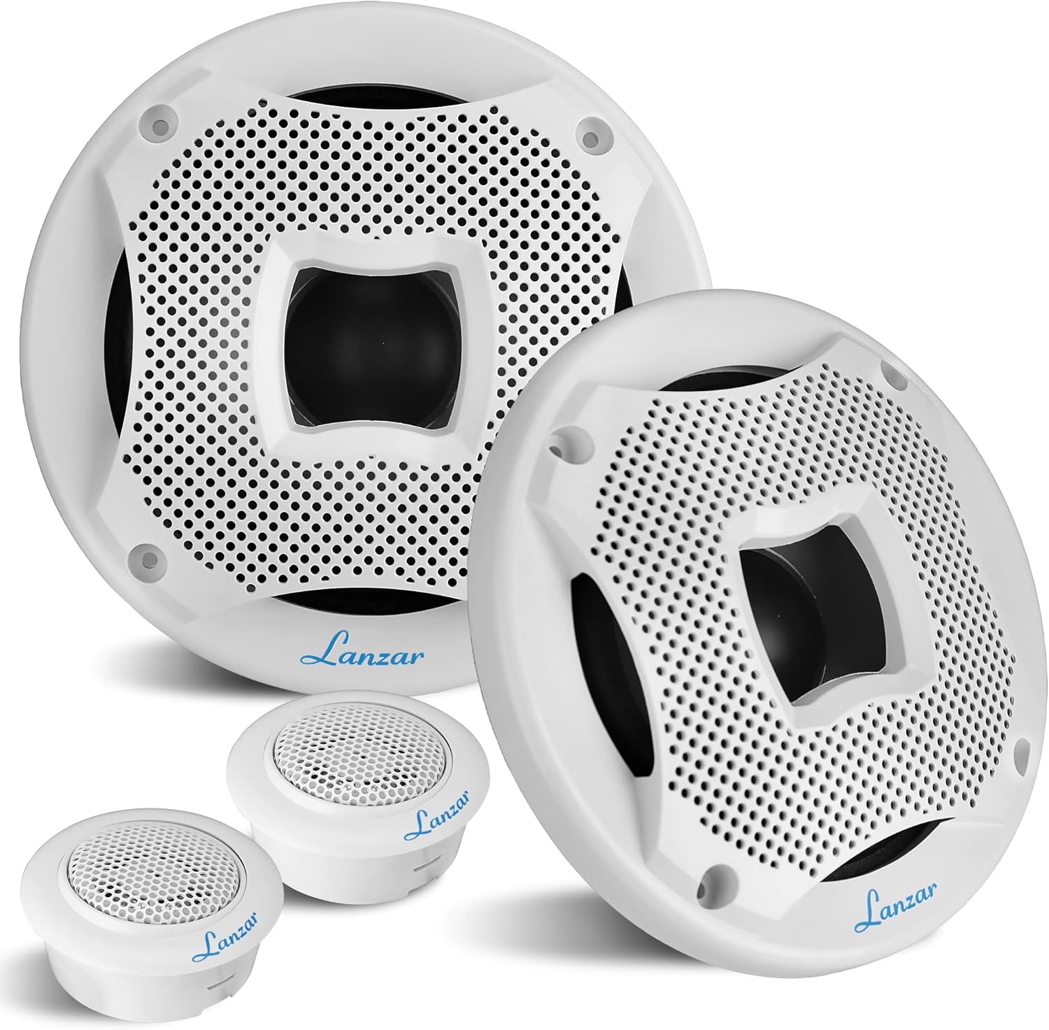 Lanzar 6.5 Inch Dual Marine Speakers - 2 Way Waterproof and Weather Resistant, Outdoor Audio Stereo Sound System with 450 Watt Power, Flush Mount Capability, Resin Treatment Cloth Surround,1 Pair