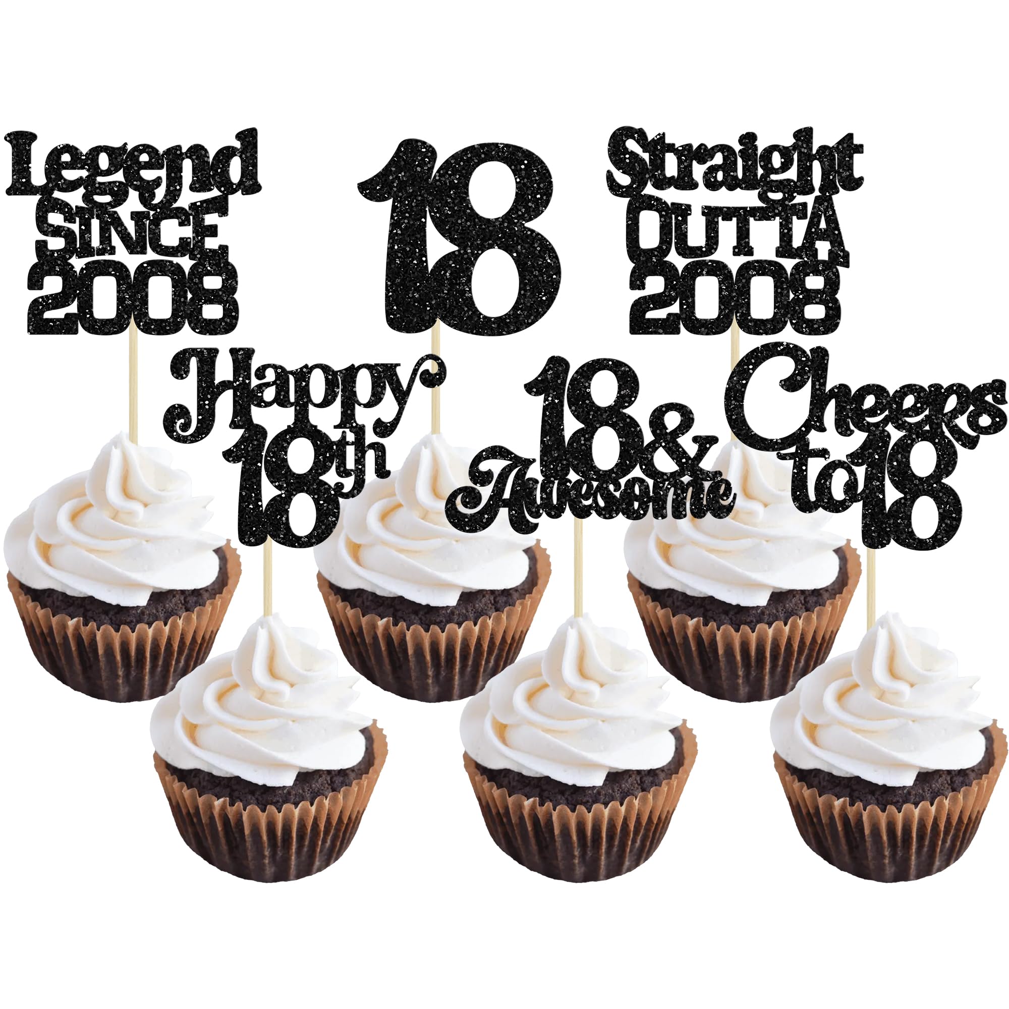 Ephlyn 30Pcs 18th Birthday Cupcake Toppers Glitter Eighteen Happy 18th Straight Outta 2008 Cupcake Picks for Cheers to 18 Years Birthday Wedding Anniversary Party Decoration Supplies Black
