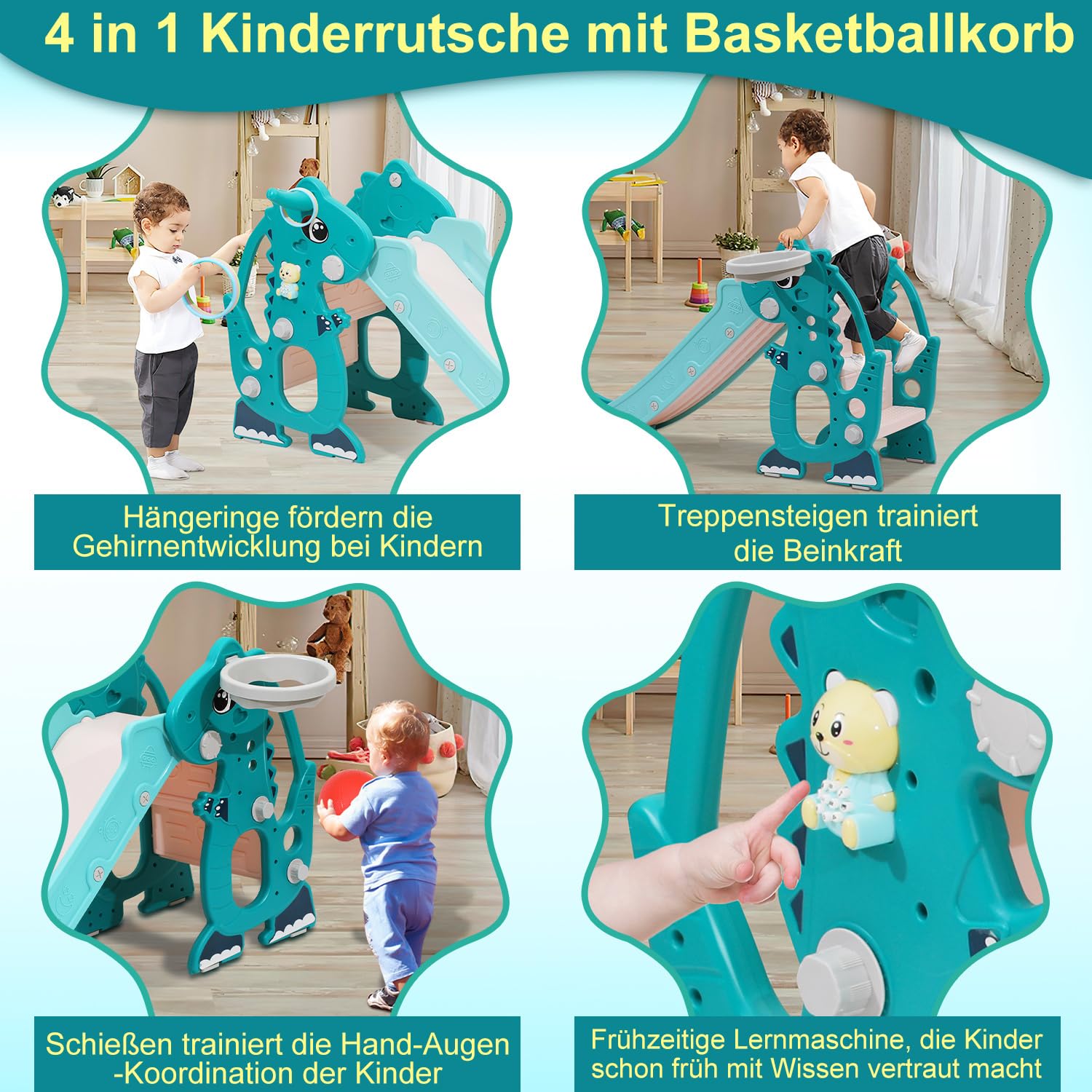 Scivolo per bambini 4 in 1 – con Cestino da basket & Giochi educativi, Scivolo pieghevole per interni ed esterni, da 1 a 3 anni, Verde
