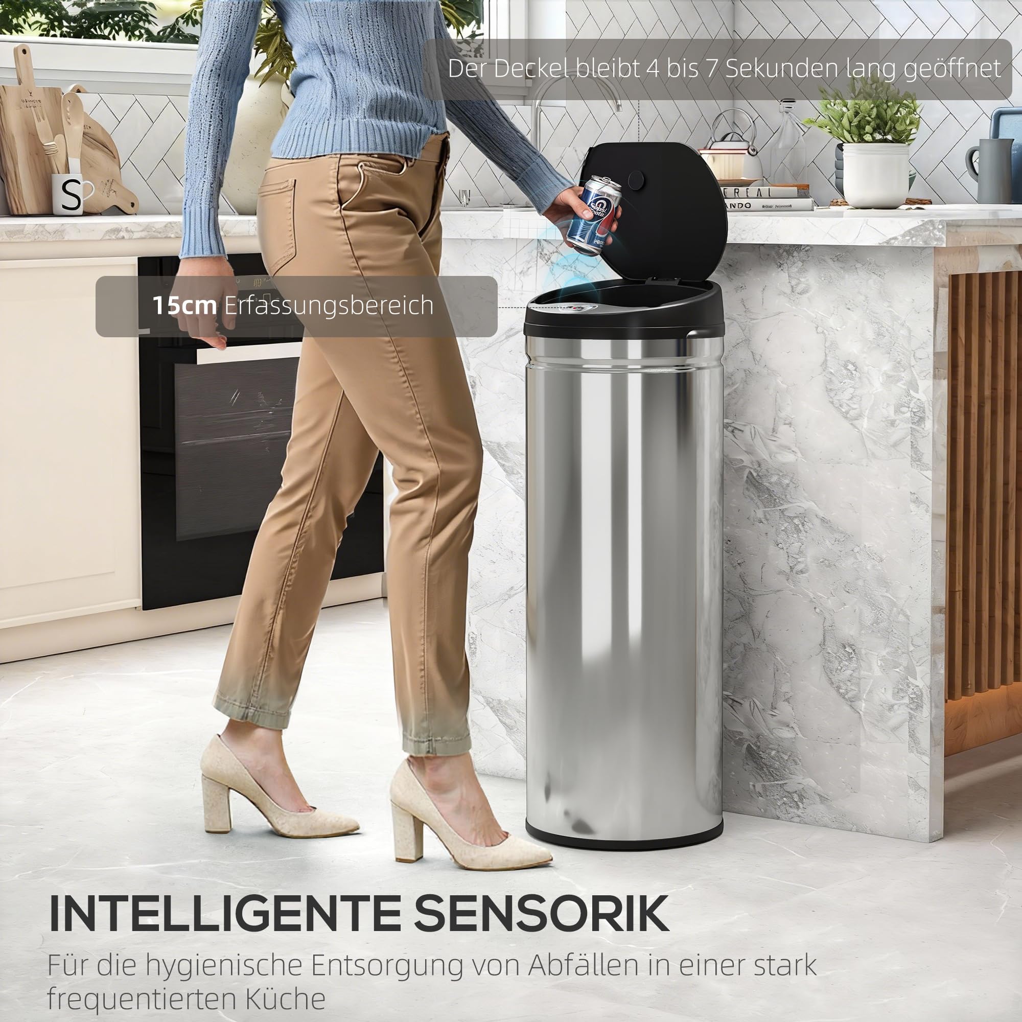 HOMCOM Mülleimer mit Sensor 50L Edelstahl Automatischer Leiser Mülleimer mit Soft-Close-Deckel, Bewegungssensor, Fingerabdruckresistente Abfalleimer für Büro, Schlafzimmer, Küchen Silber