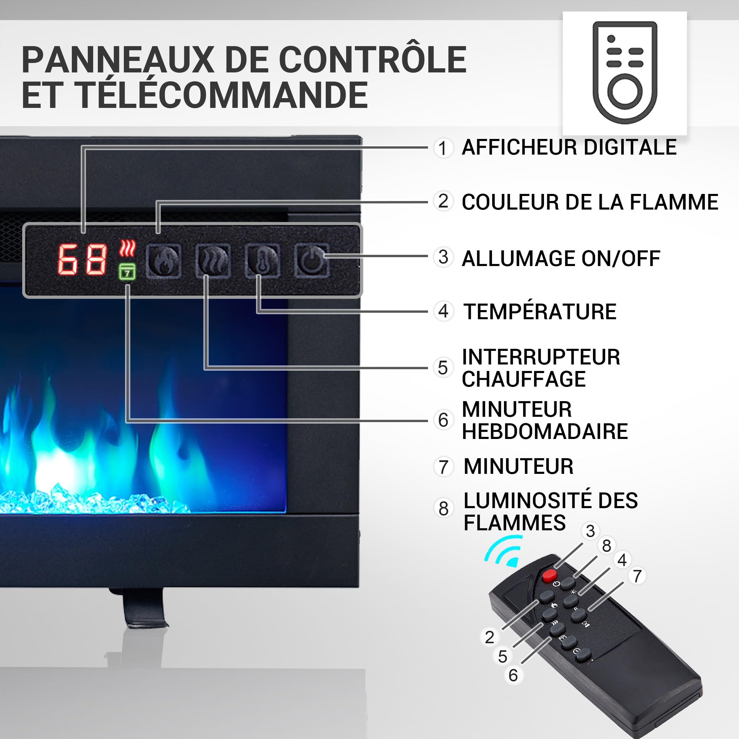 BALDERIA Agnes 40" Foyer Électrique - Foyer électrique encastré avec Chauffage 1000/2000 W, Effet de Flamme 3D réaliste, Télécommande programmable, Minuterie, Thermostat - Noir