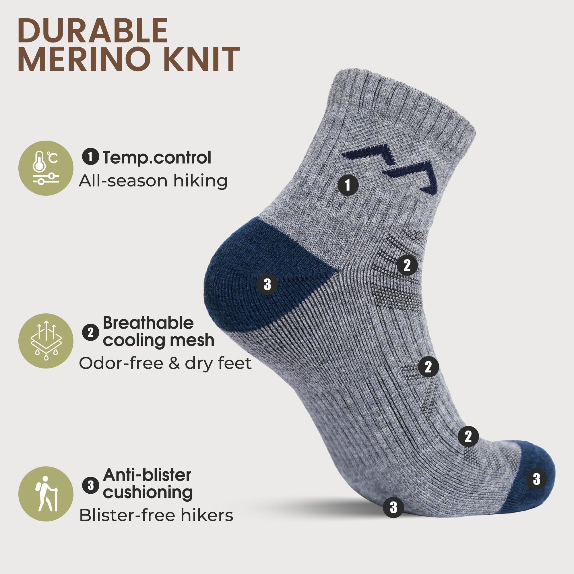 innotree Calzini da trekking in lana merino, per uomini e donne, a compressione a quarto alla caviglia, con cuscino spesso, traspiranti, anti odore, 5 paia