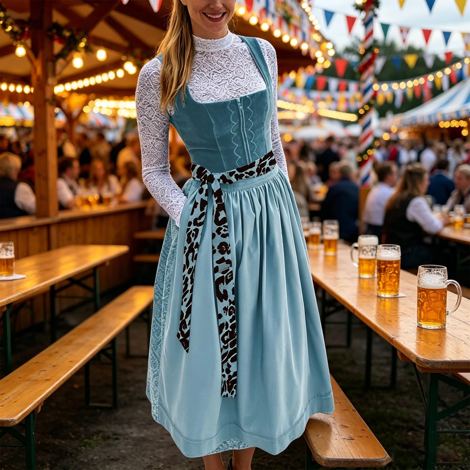 SKFLABOOF Dirndl Damen Oktoberfest Outfit Midi Dirndlkleid Trachtenkleid Kleidung Knielang Trachtenmode Tracht Kleid Dirndlkleid Trachtenkleid