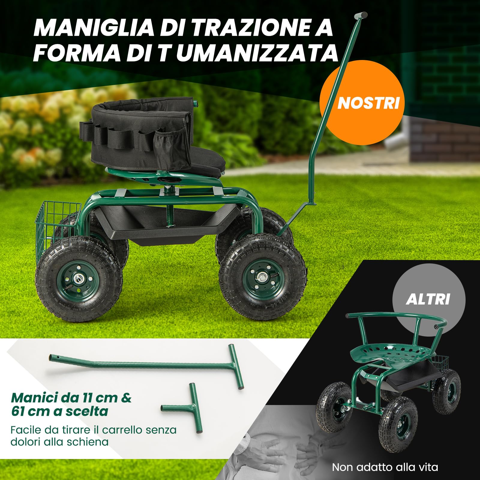COSTWAY Sgabello per Giardinaggio con Ruote, Carrello da Giardino Regolabile in Altezza con Sedile Girevole a 360, Cuscino, 2 Maniglie di Sterzo e Vassoio Porta Utensili