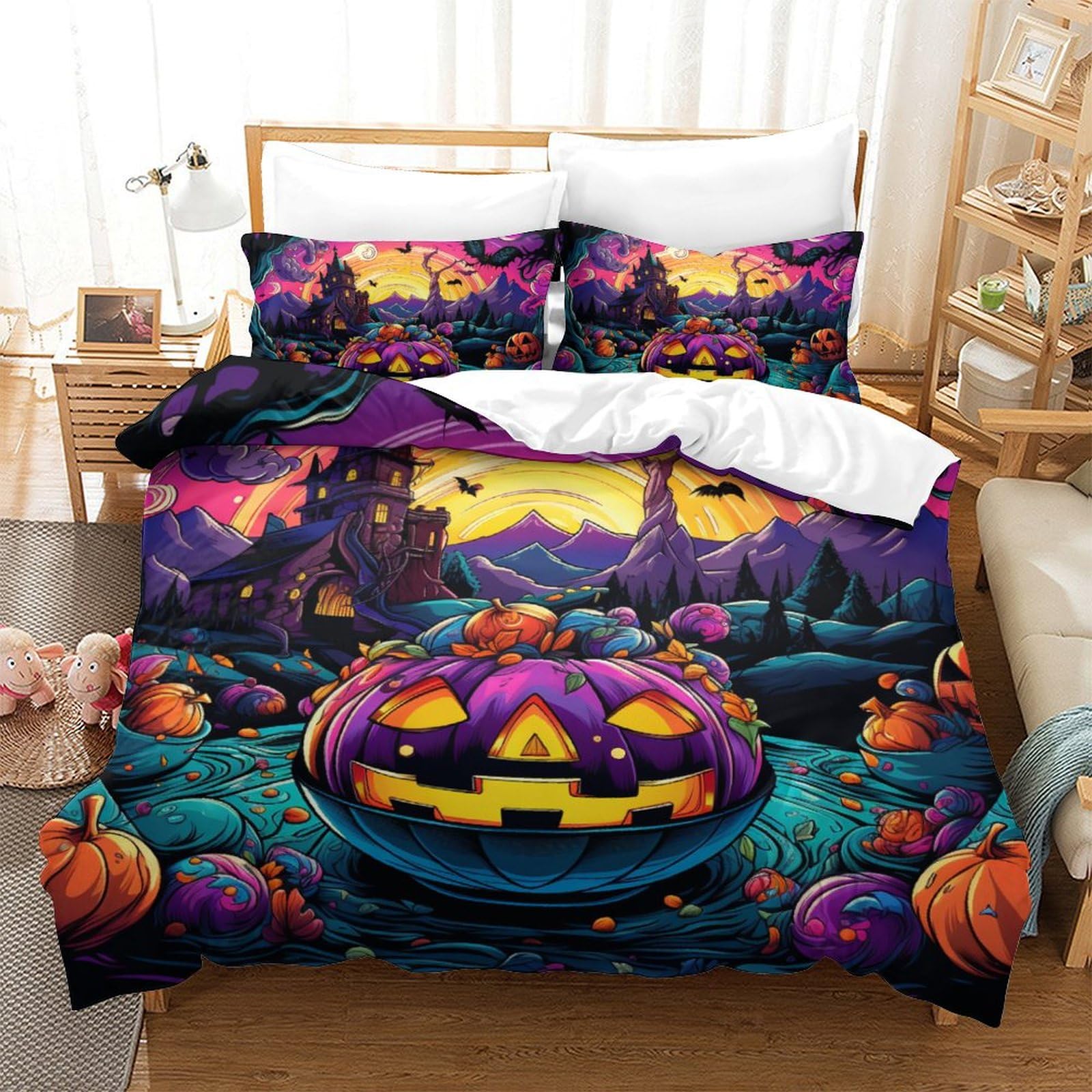 NQHXLRUDC 3D Printed Duvet Cover Set Halloween Pumpkin Comforter With Pillow Cases Home Bedding Cover Sets With Invisible Zipper for Boys Girls Adult King（220x240cm）