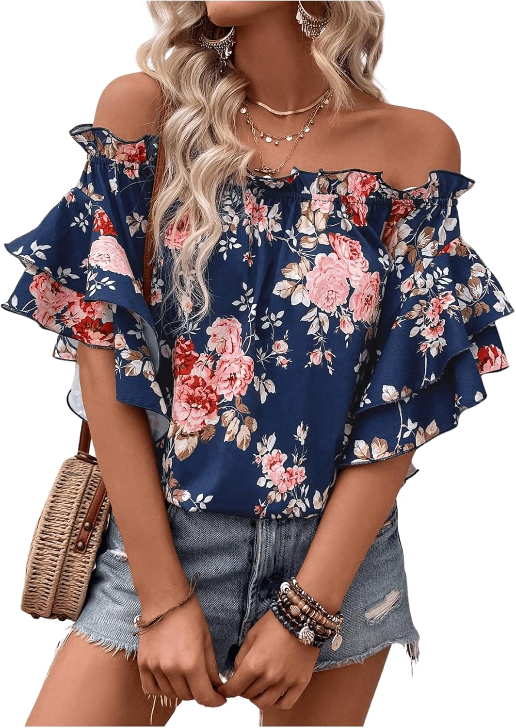 SOLY HUX Women's Floral Print Blouse Off Shoulder Ruffle Trim Half Sleeve Summer Tops