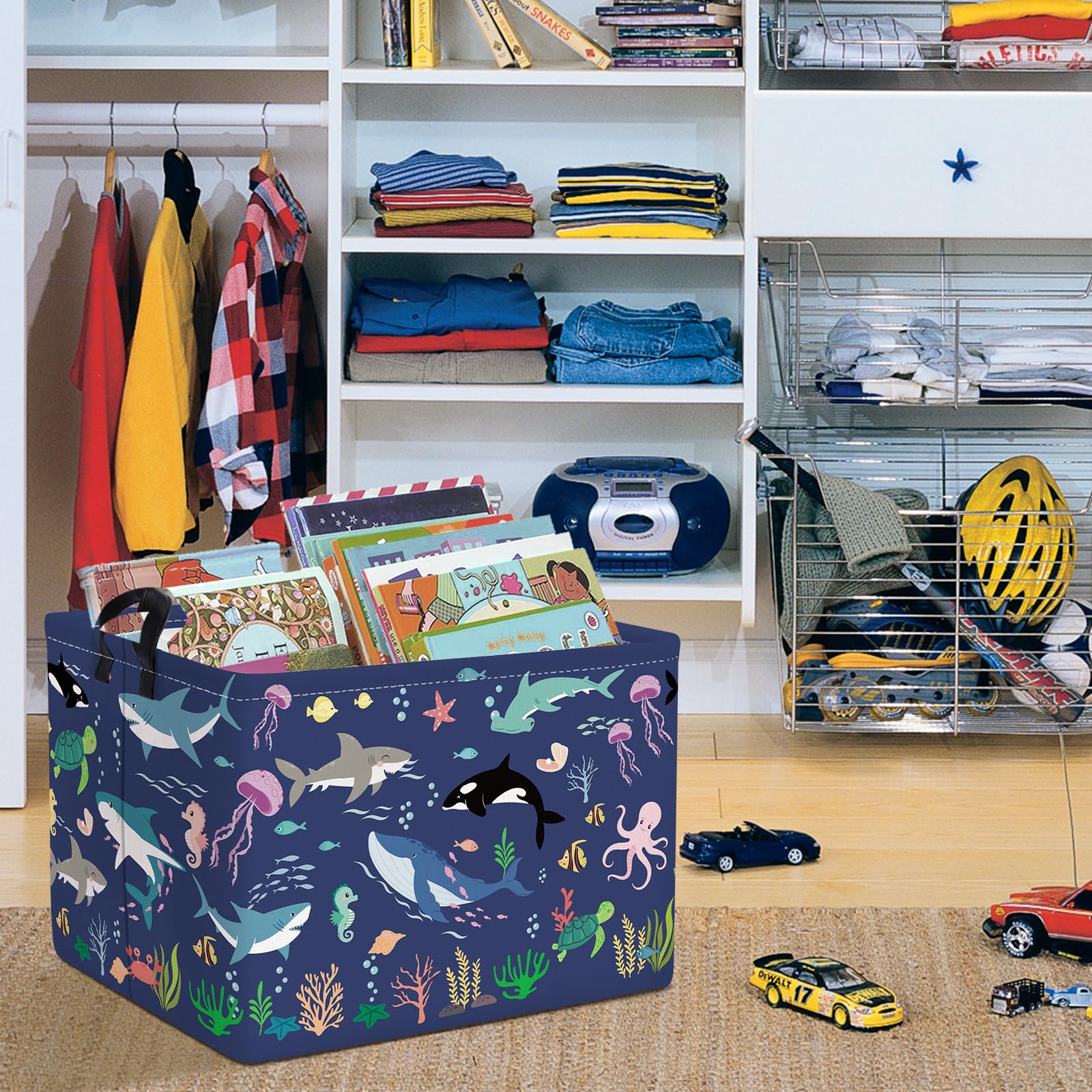 Clastyle Paniers Rangement Animaux Marins Requin Bleu pour Enfants Rectangulaire Boîtes de Rangement Jouets Vêtements pour Chambre d'enfant, 40x30x30 cm