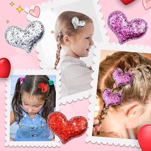 Miniatura 7 de Hanaive 50 pinzas para el cabello con forma de corazón de San Valentín con lentejuelas con purpurina para el cabello para niñas y mujeres,