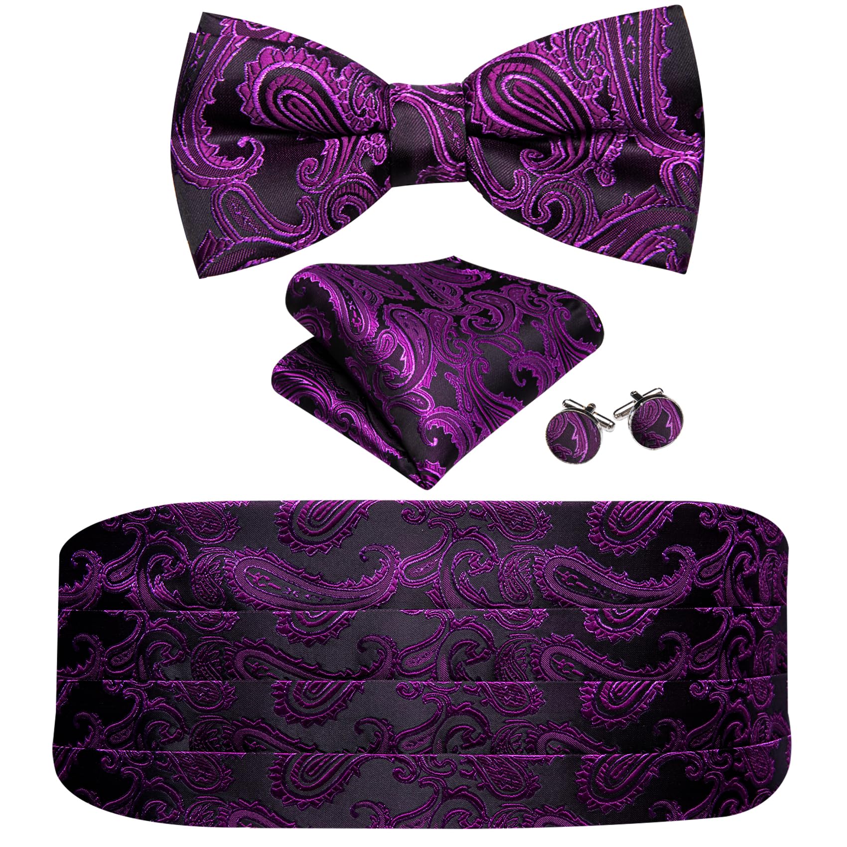 Barry.Wang Cummerbund - Juego de pajarita para hombre, gemelos cuadrados de seda